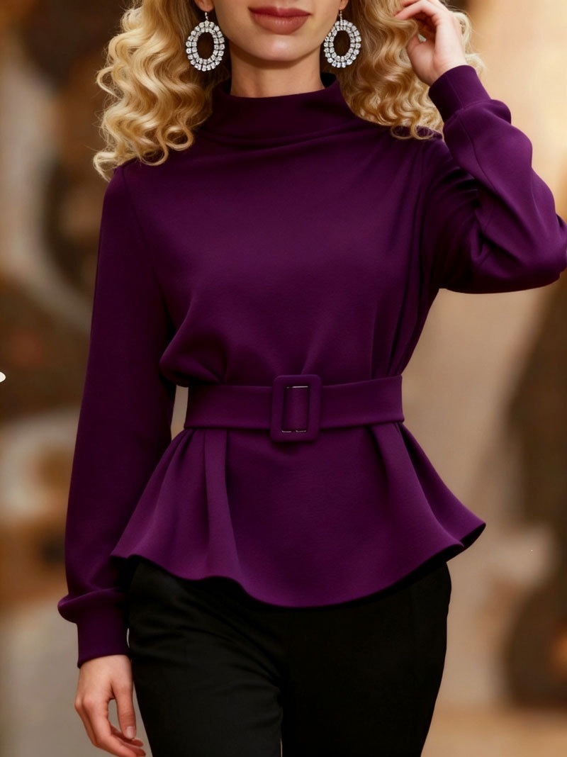Women’s Elegant Peplum Blouse with Belt – Long Sleeve Mock Neck Slim Fit Casual Dressy Top