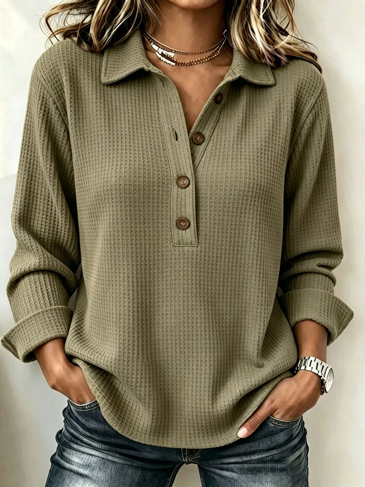 Women’s Waffle Knit Polo Shirt Long Sleeve Collared Pullover Top Button Front Casual Loose Fit Textured Blouse for Fall Winter-gemscharms