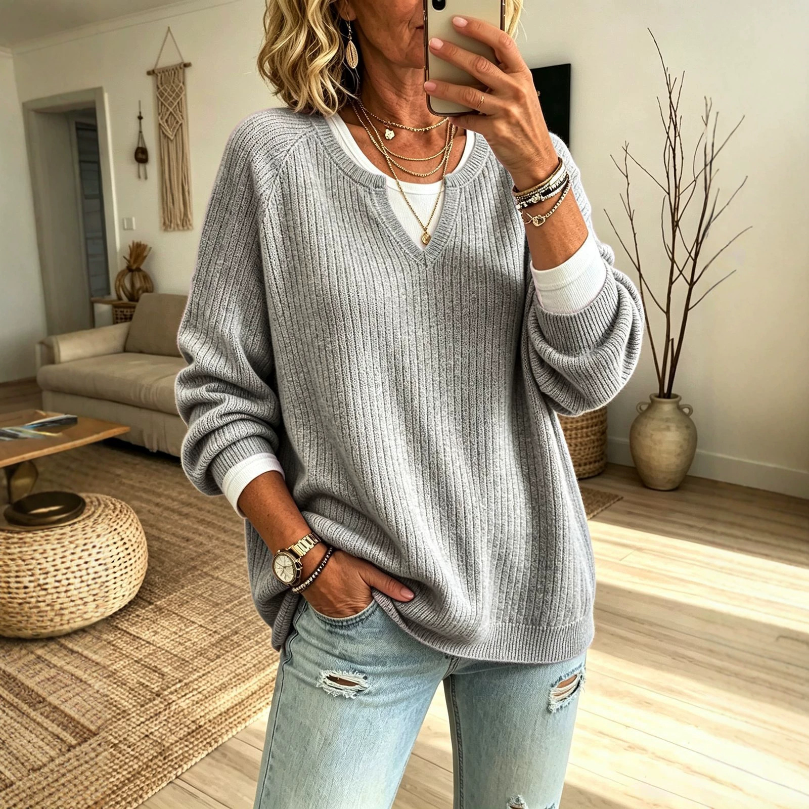Women’s V-Neck Ribbed Knit Sweater