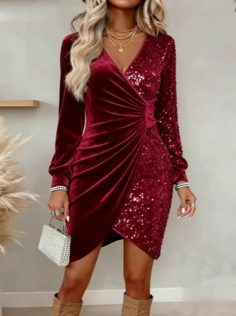 Women's Velvet Sequin Mini Dress V Neck Long Sleeve Ruched Bodycon Party Dress Elegant Cocktail Evening Dress for Women-gemscharms