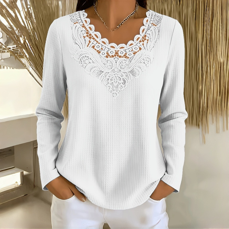 Women's Lace Detail V Neck Long Sleeve Knit Top – Elegant Ribbed Blouse with Crochet Neckline for Casual & Dressy Wear