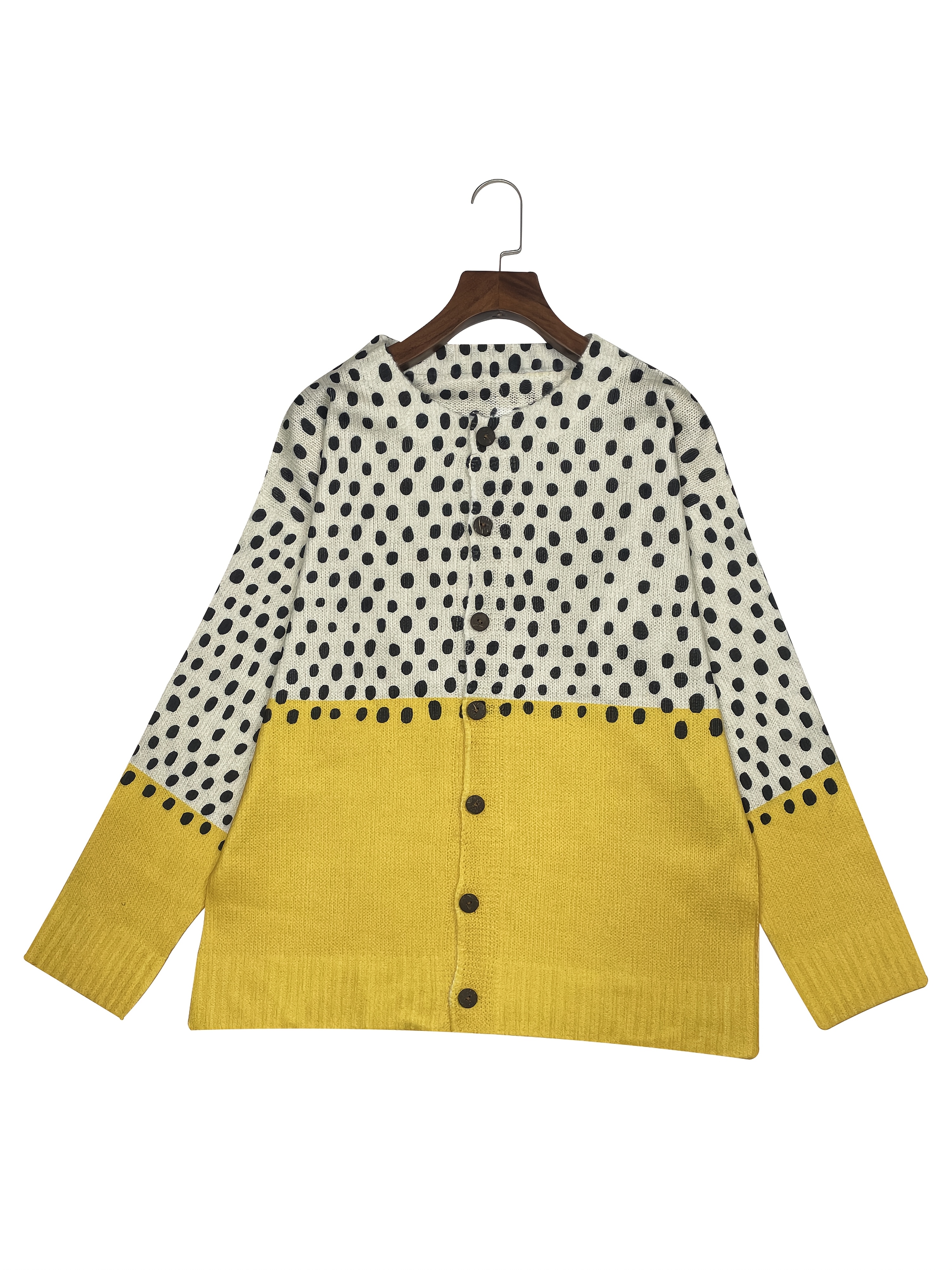 Women's Printed Knit Cardigan Sweater Long Sleeve Button Down Color Block Casual Lightweight Open Front Yellow White Polka Dot Tops