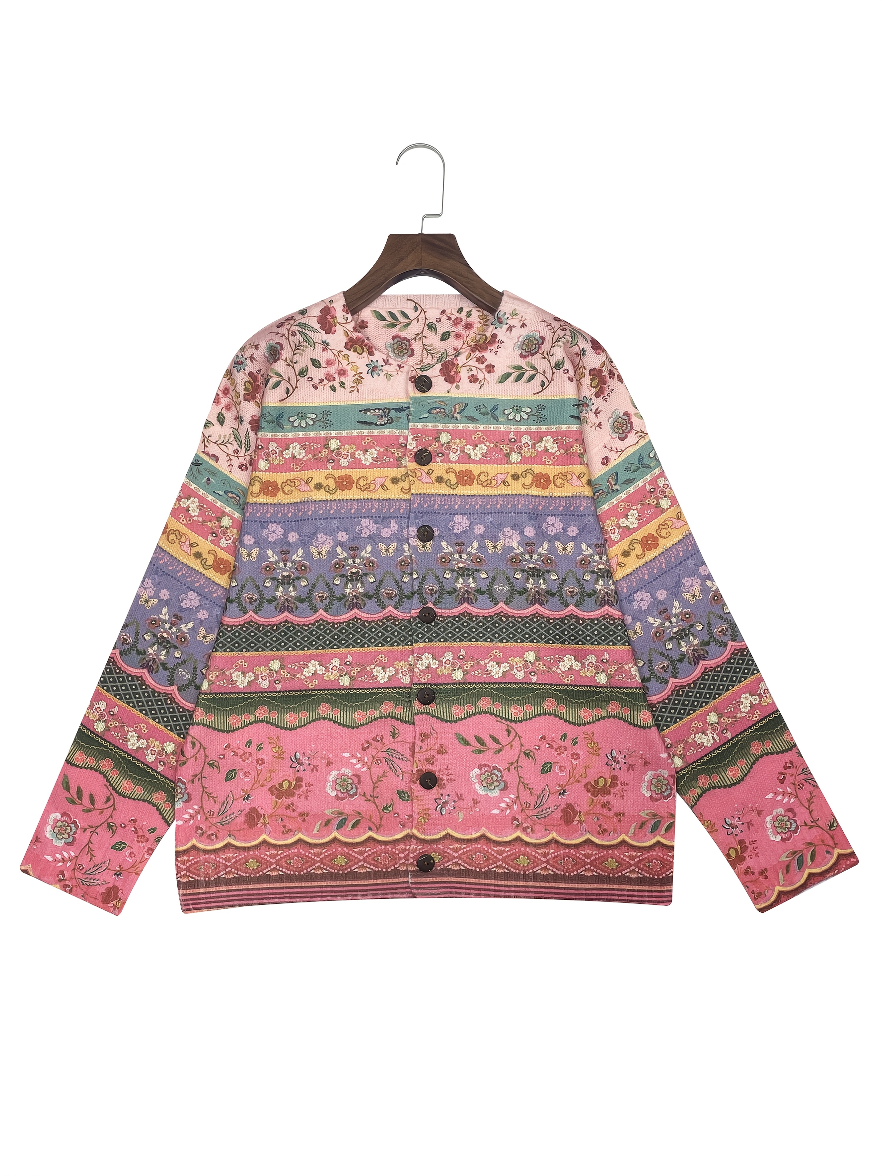 Women Bohemian Striped Floral Knit Cardigan Long Sleeve Button Front V Neck Retro Printed Sweater