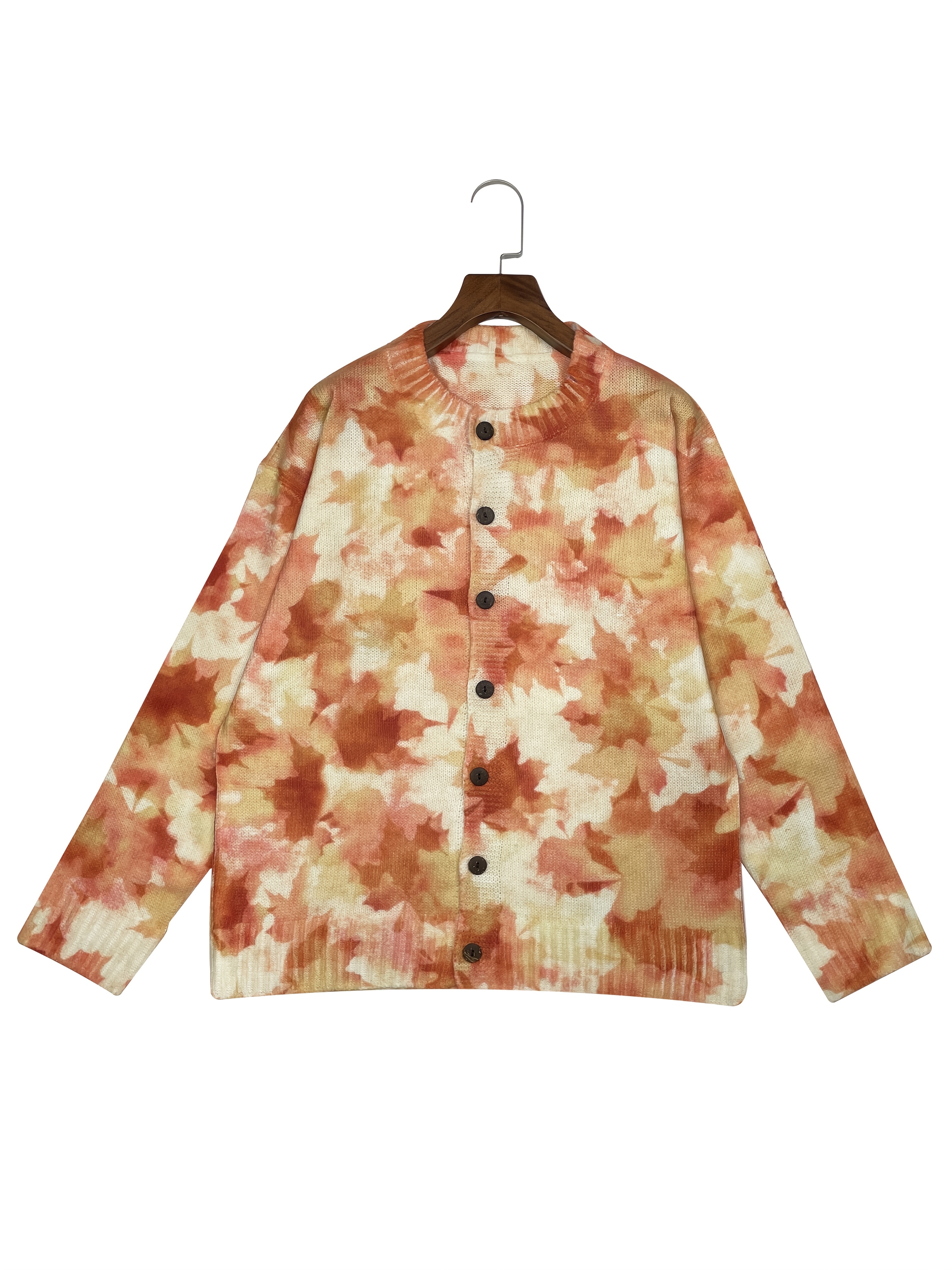 Women's Vintage Maple Leaf Print Knit Cardigan, Long Sleeve V Neck Button Down Loose Sweater Coat