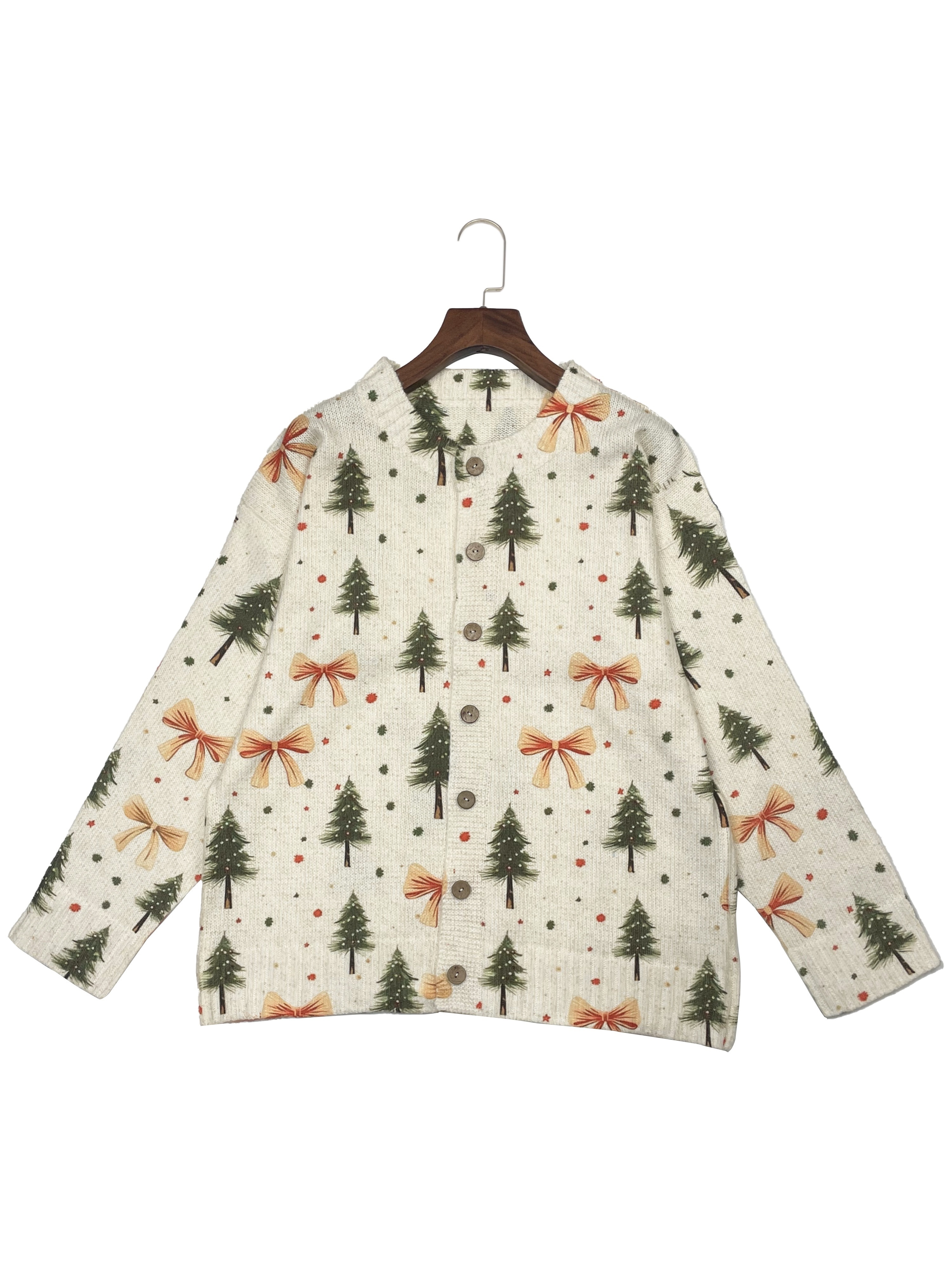 Women's Vintage Christmas Print Knit Cardigan, Long Sleeve V Neck Button Down Loose Sweater Coat