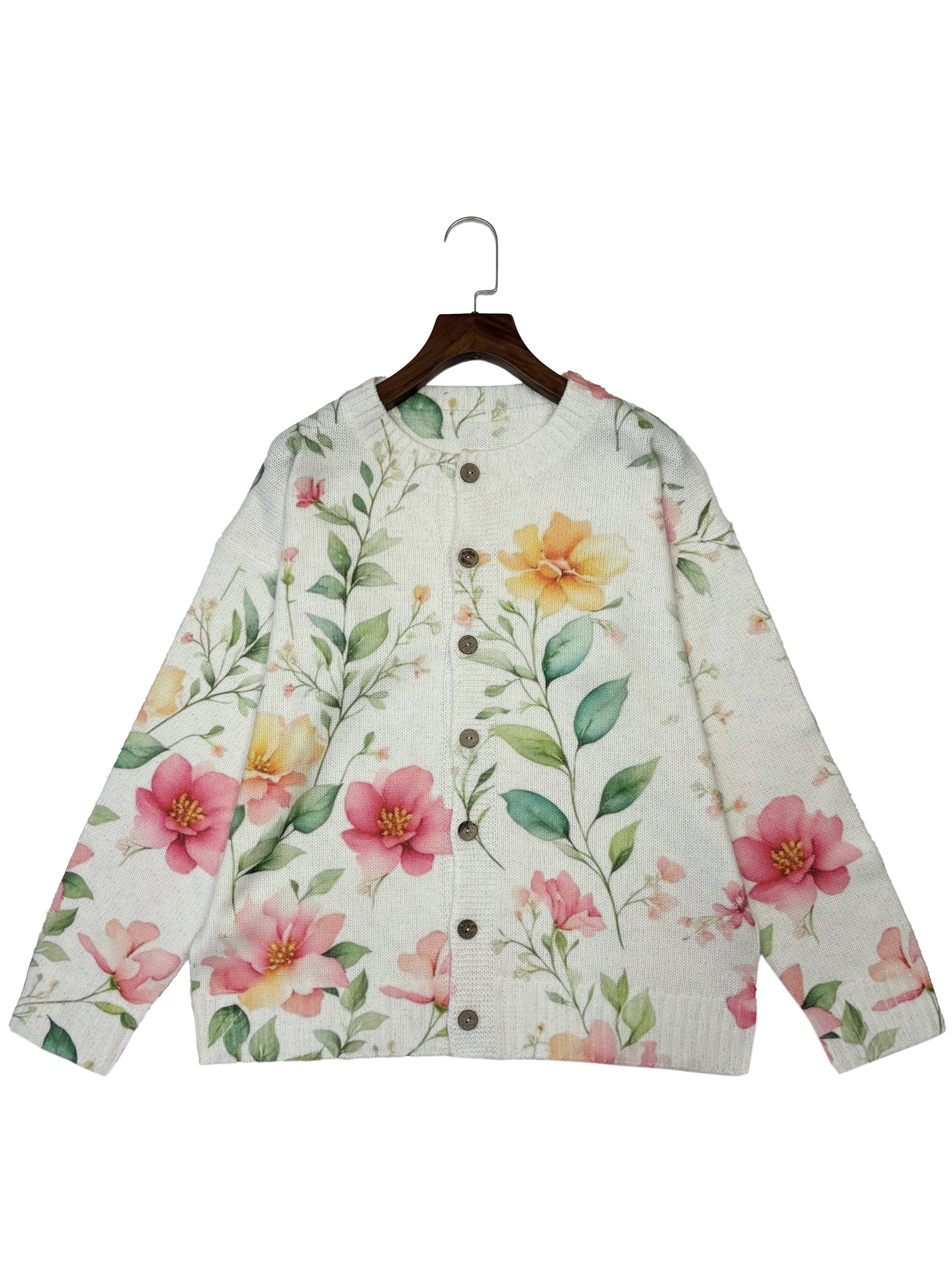 Women's Vintage Floral Print Knit Cardigan, Long Sleeve V Neck Button Down Loose Sweater Coat