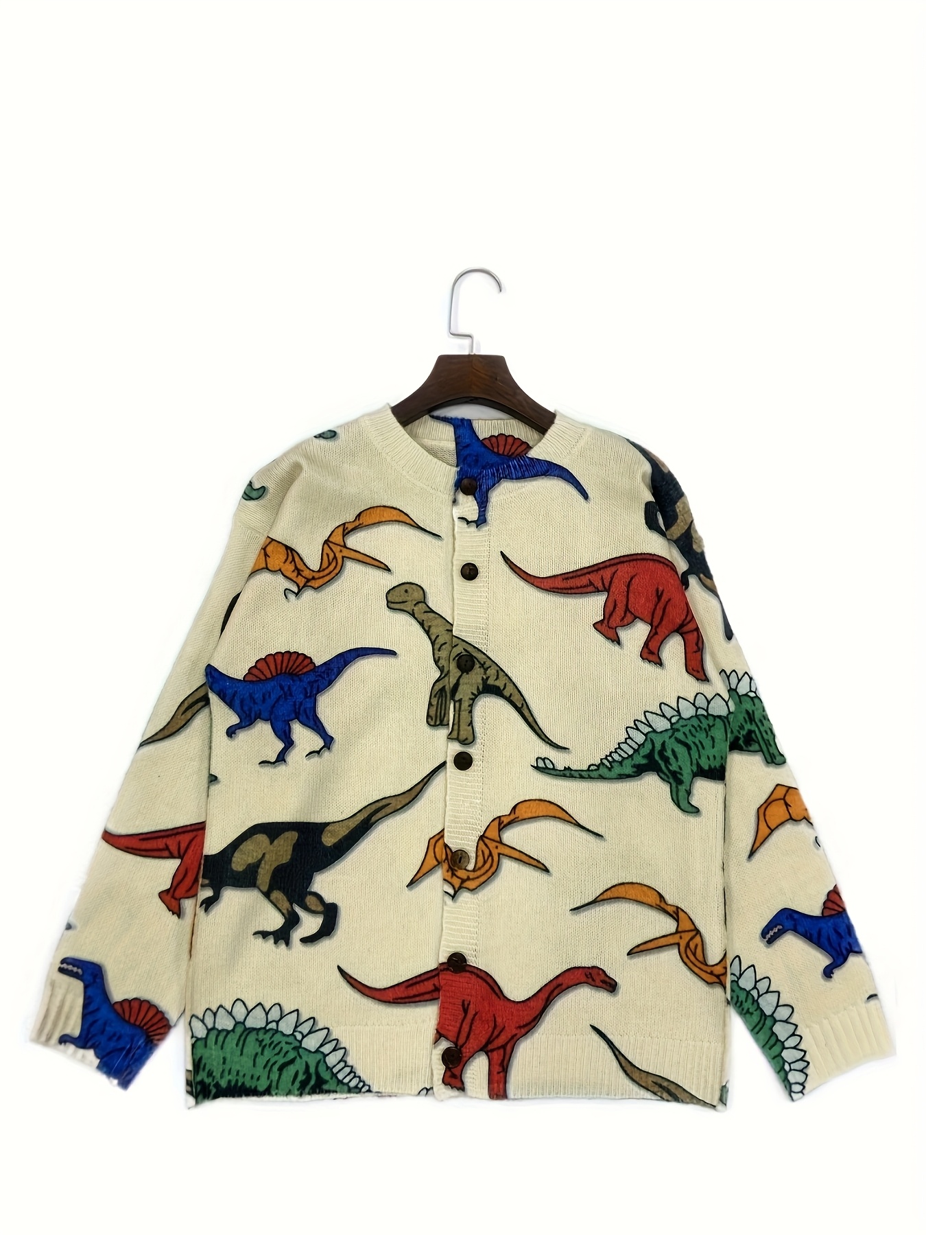 Women's Vintage Dinosaur Print Knit Cardigan, Long Sleeve V Neck Button Down Loose Sweater Coat