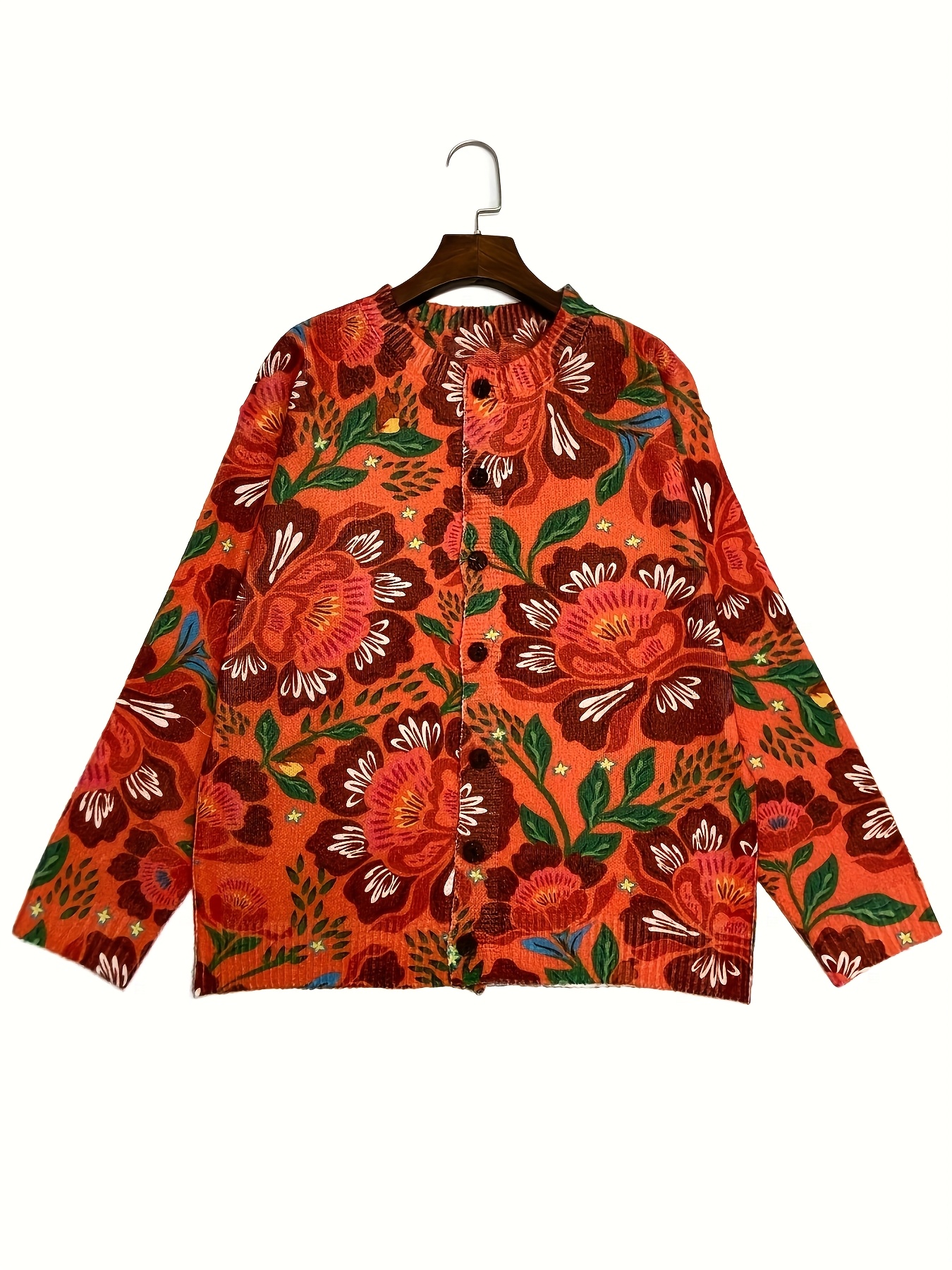 Women's Vintage Floral Print Knit Cardigan, Long Sleeve V Neck Button Down Loose Boho Sweater Coat