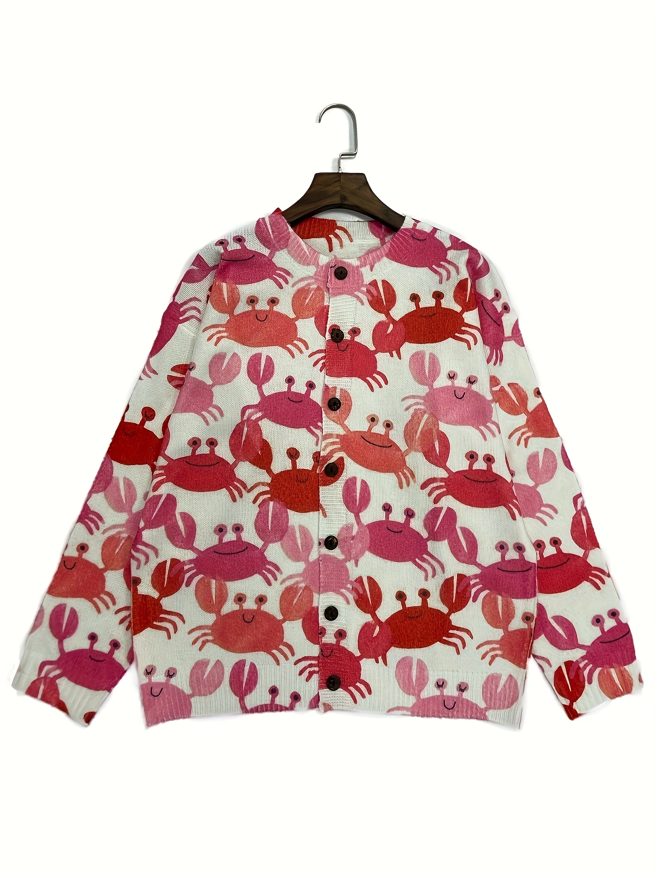 Women's Cute Crab Print Knit Cardigan, Long Sleeve V Neck Button Down Loose Casual Sweater Coat