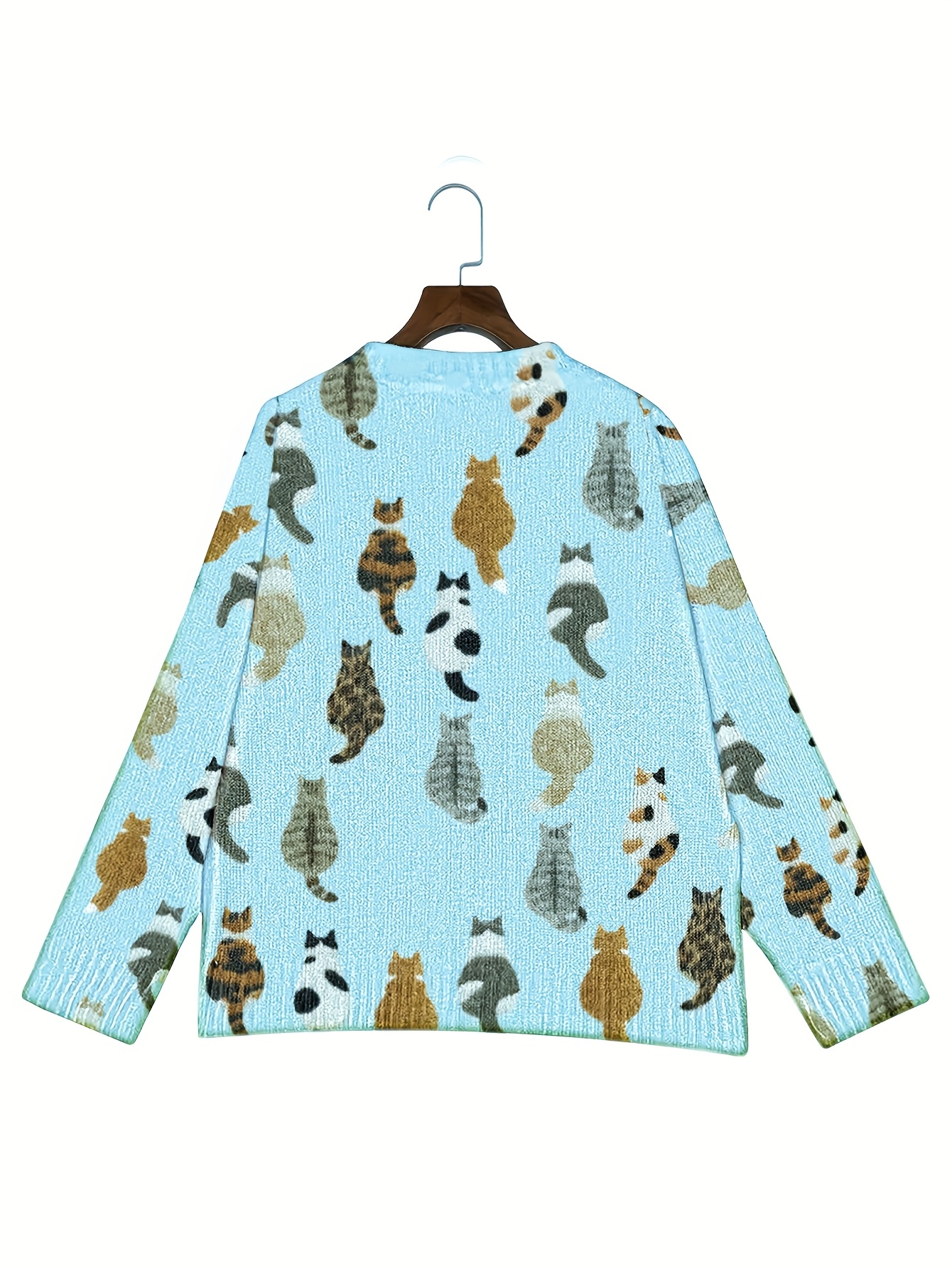 Women's Blue Cat Print Knit Cardigan, Long Sleeve V Neck Button Down Loose Casual Sweater Coat