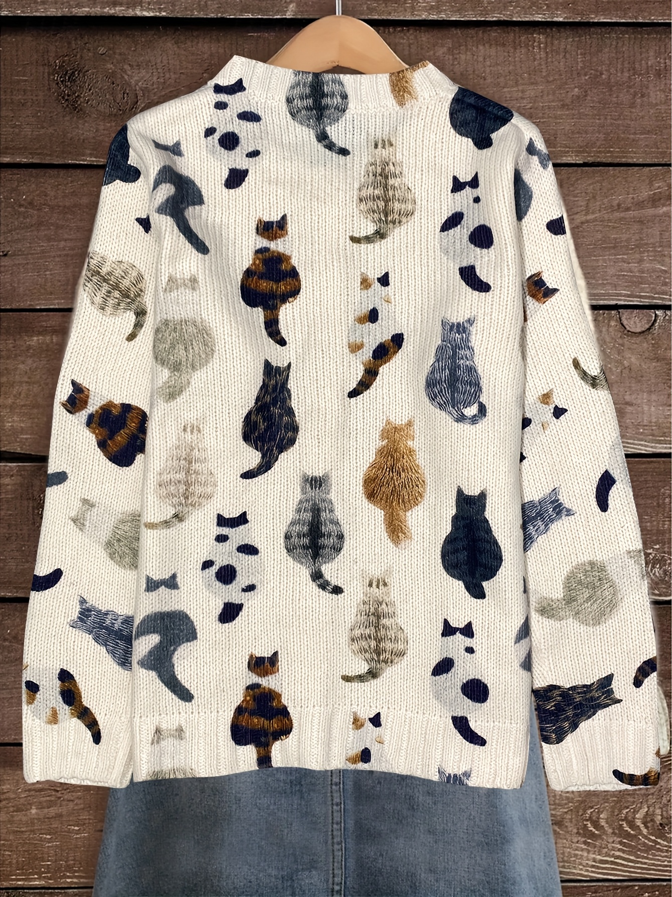 Women's Cat Print Knit Cardigan, Long Sleeve V Neck Button Down Loose Casual Sweater Coat