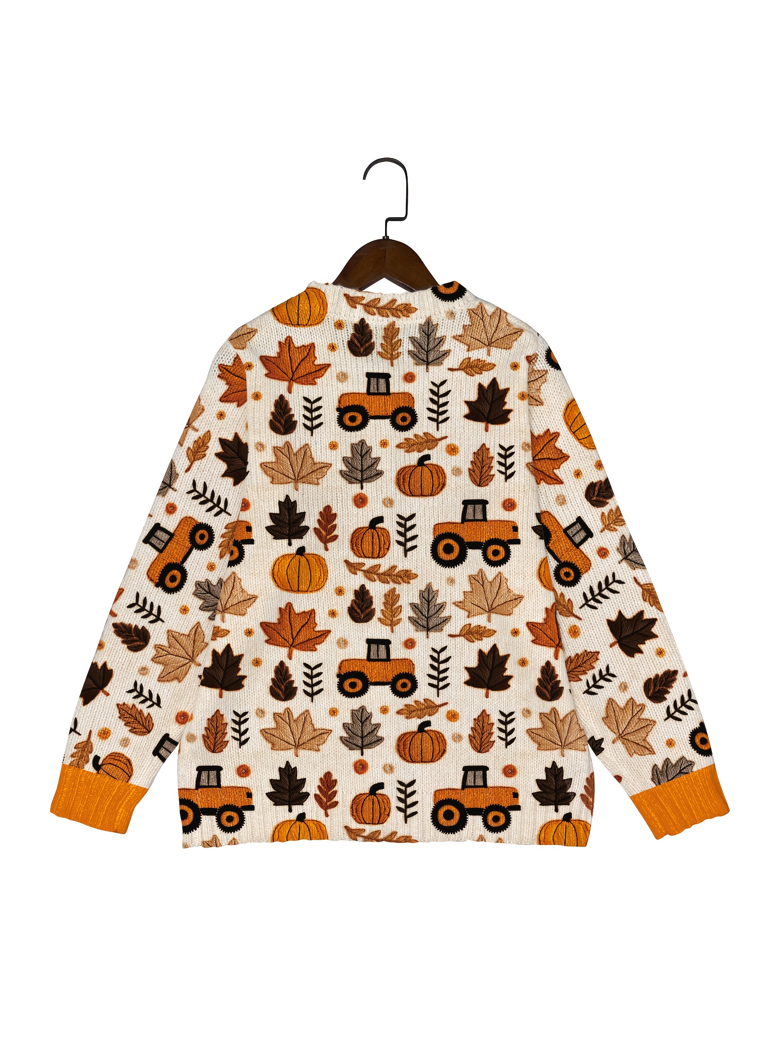Women's Fall Pumpkin Maple Leaf Tractor Print Knit Cardigan, Long Sleeve V Neck Button Down Loose Autumn Sweater Coat