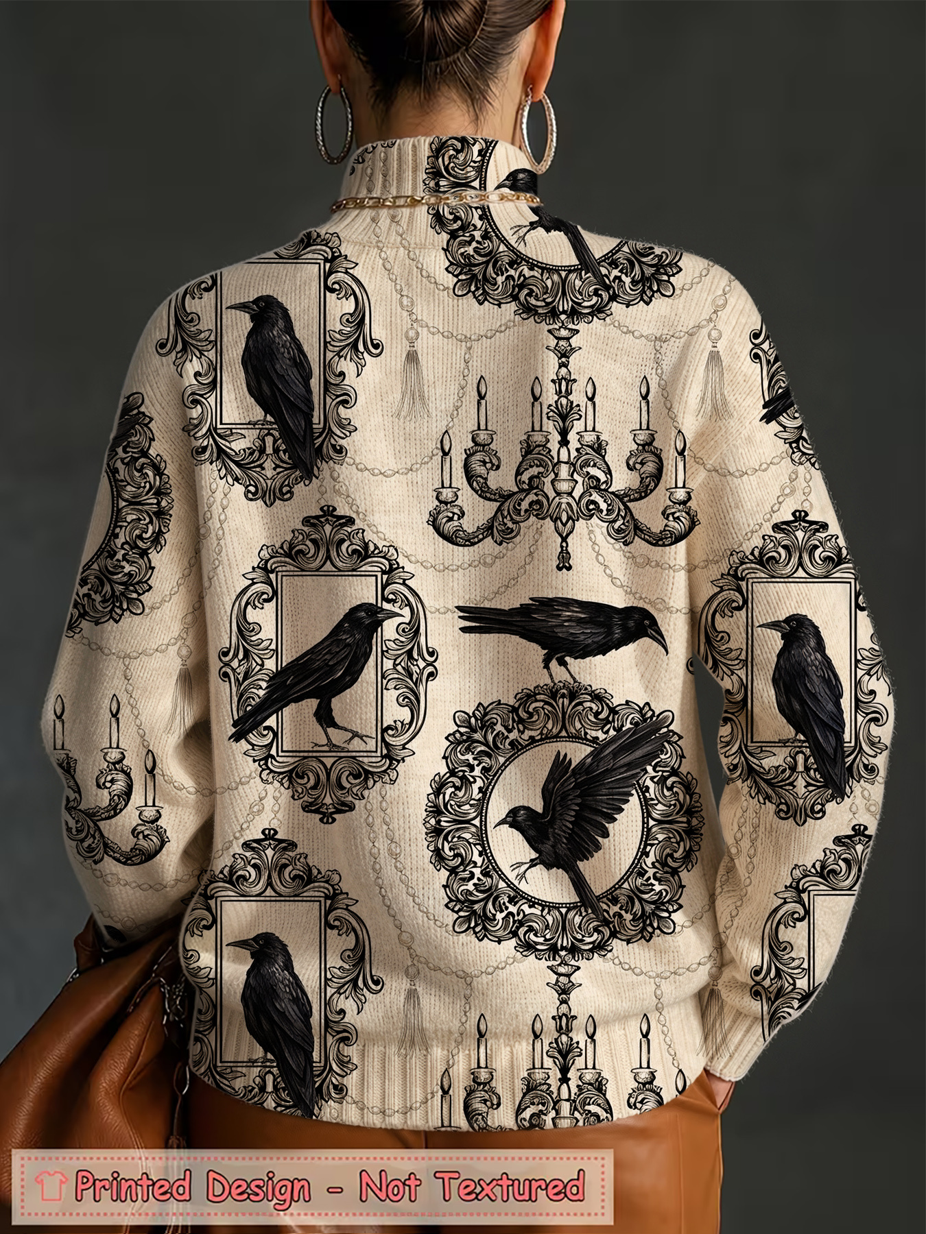 Women's Gothic Raven Print Turtleneck Sweater, Vintage Baroque Chandelier Pattern Long Sleeve Pullover Top, Casual Fall Winter Graphic Sweatshirt (Printed Design, Not Textured Knit)