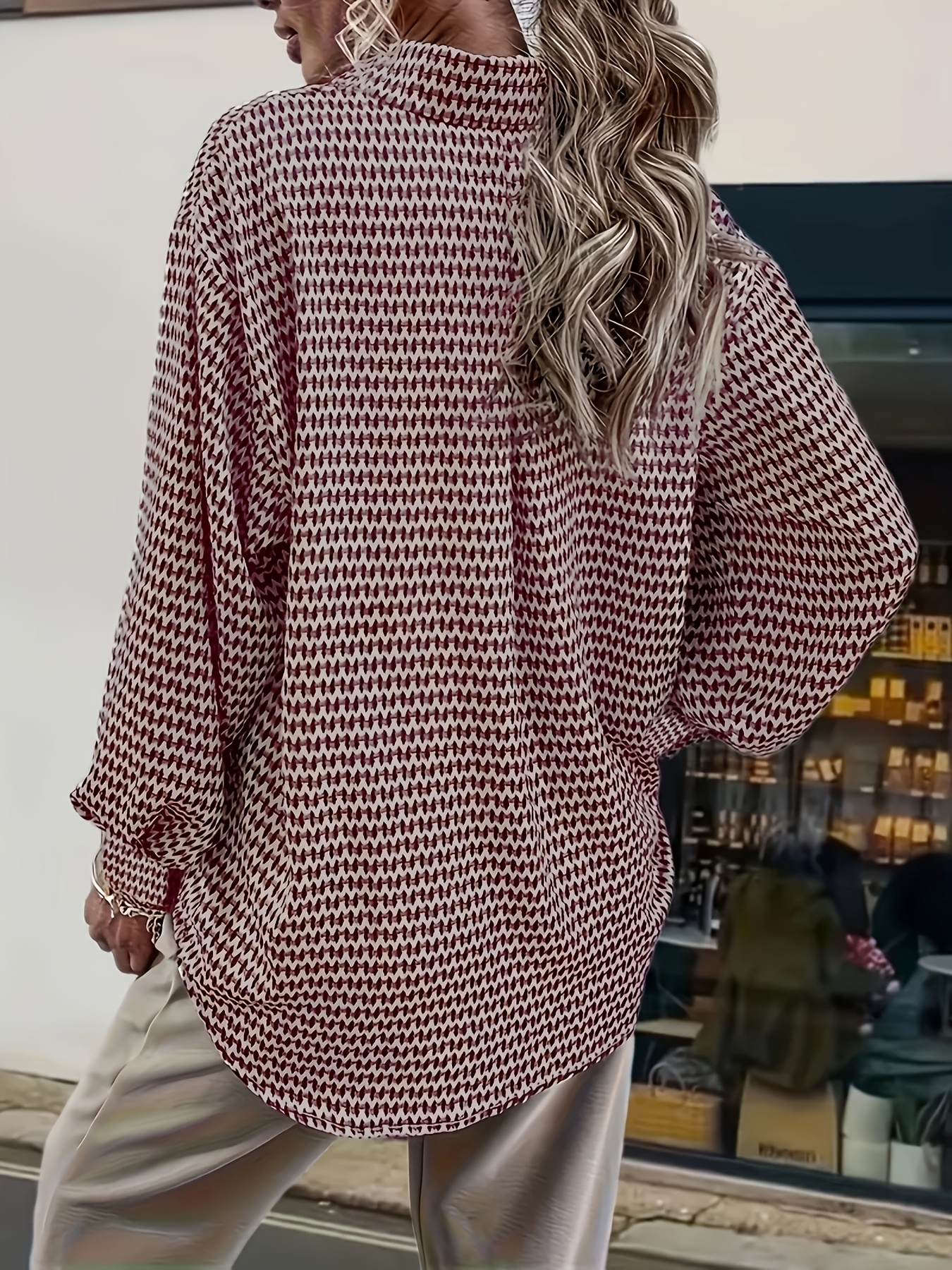 Women's Geometric Print Lapel Collar Long Sleeve Button Down Shirt, Elegant Loose Fit Casual Blouse Top
