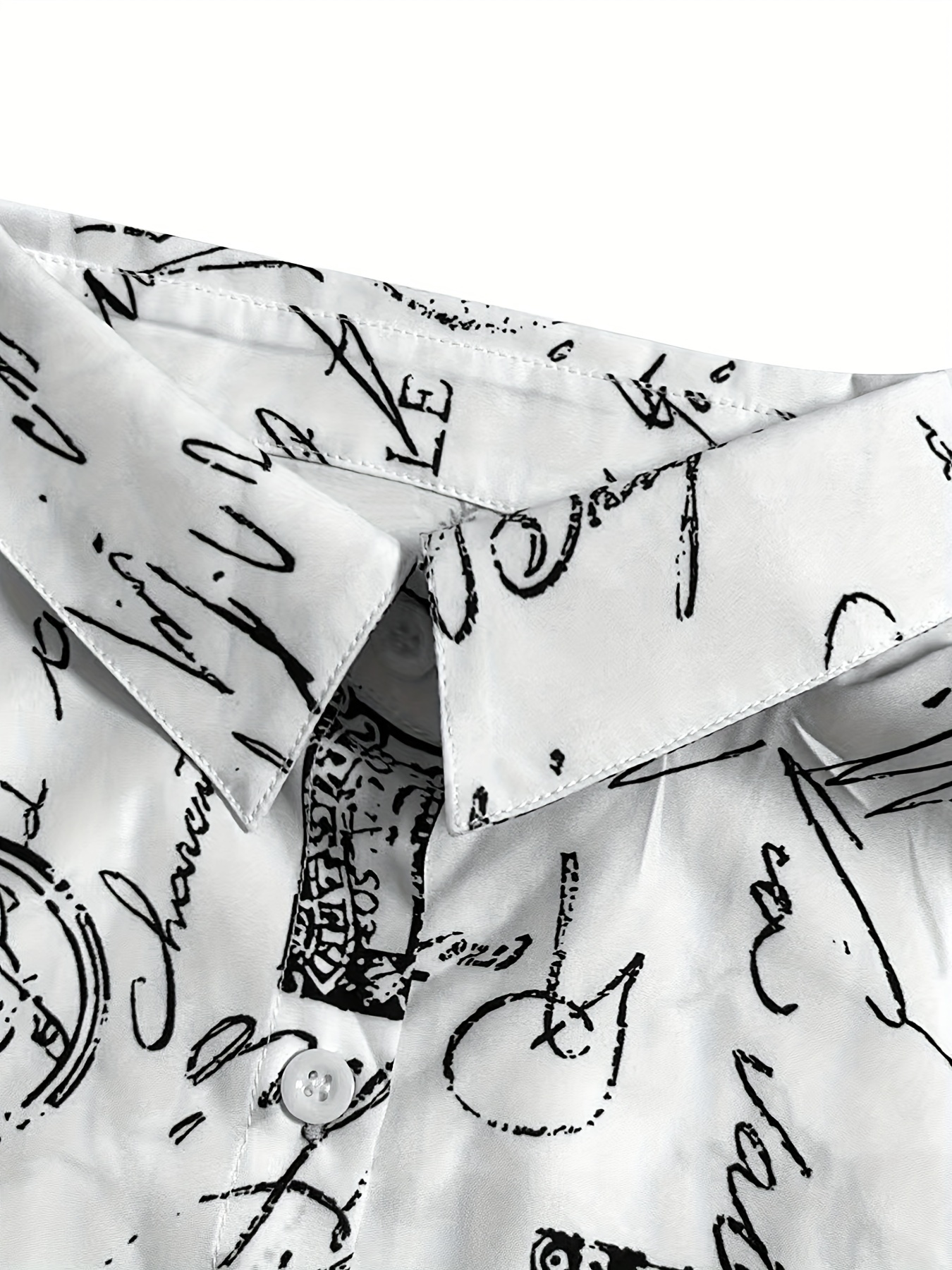 Women's Vintage Paris Postage Stamp Print Shirt, Lapel Collar Long Sleeve Button Down Casual French Style Blouse Top