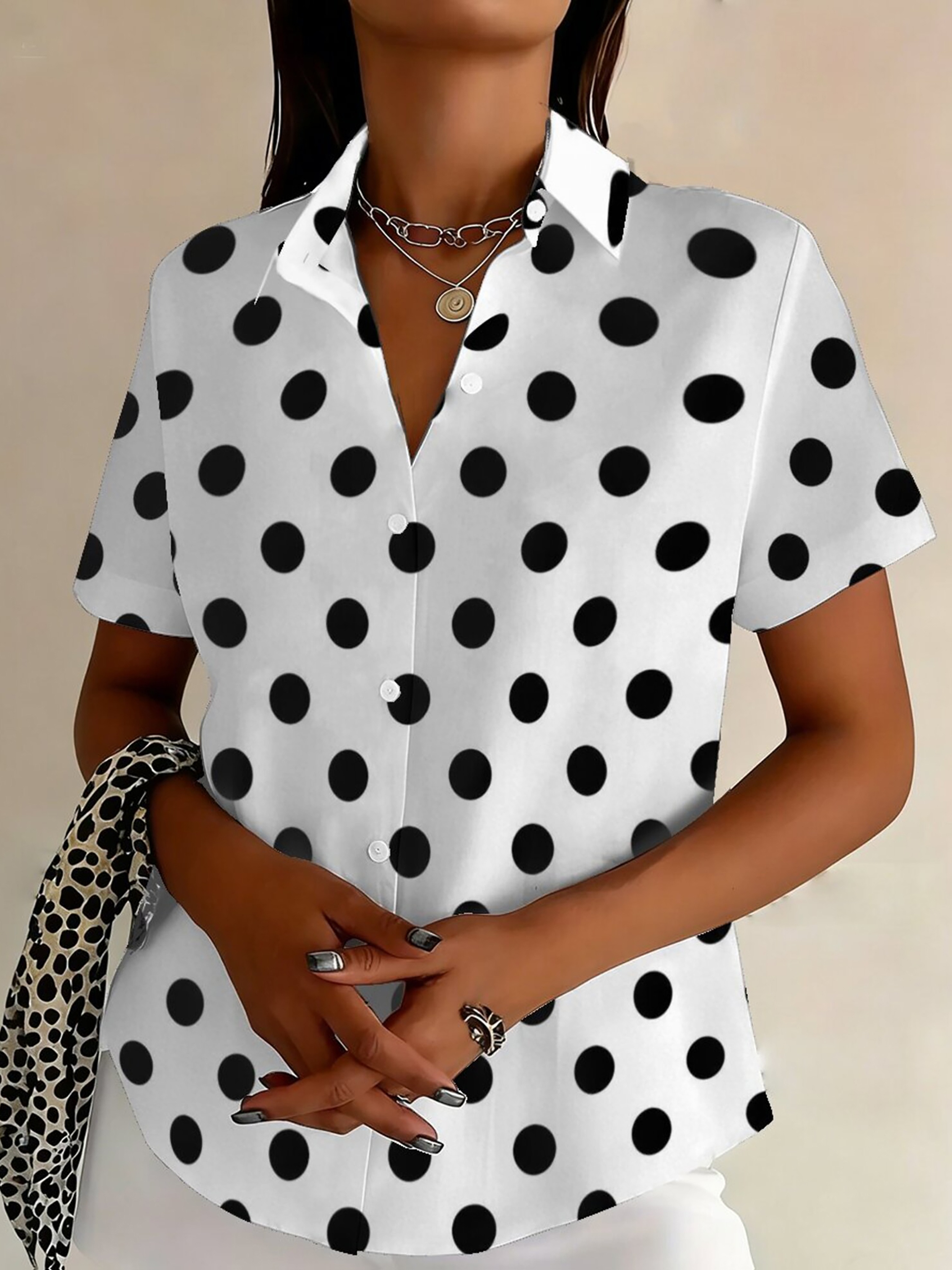 Plus Size Women's Casual Short Sleeve Black Polka Dot Print Button-Up Shirt Fashion Collared Cardigan