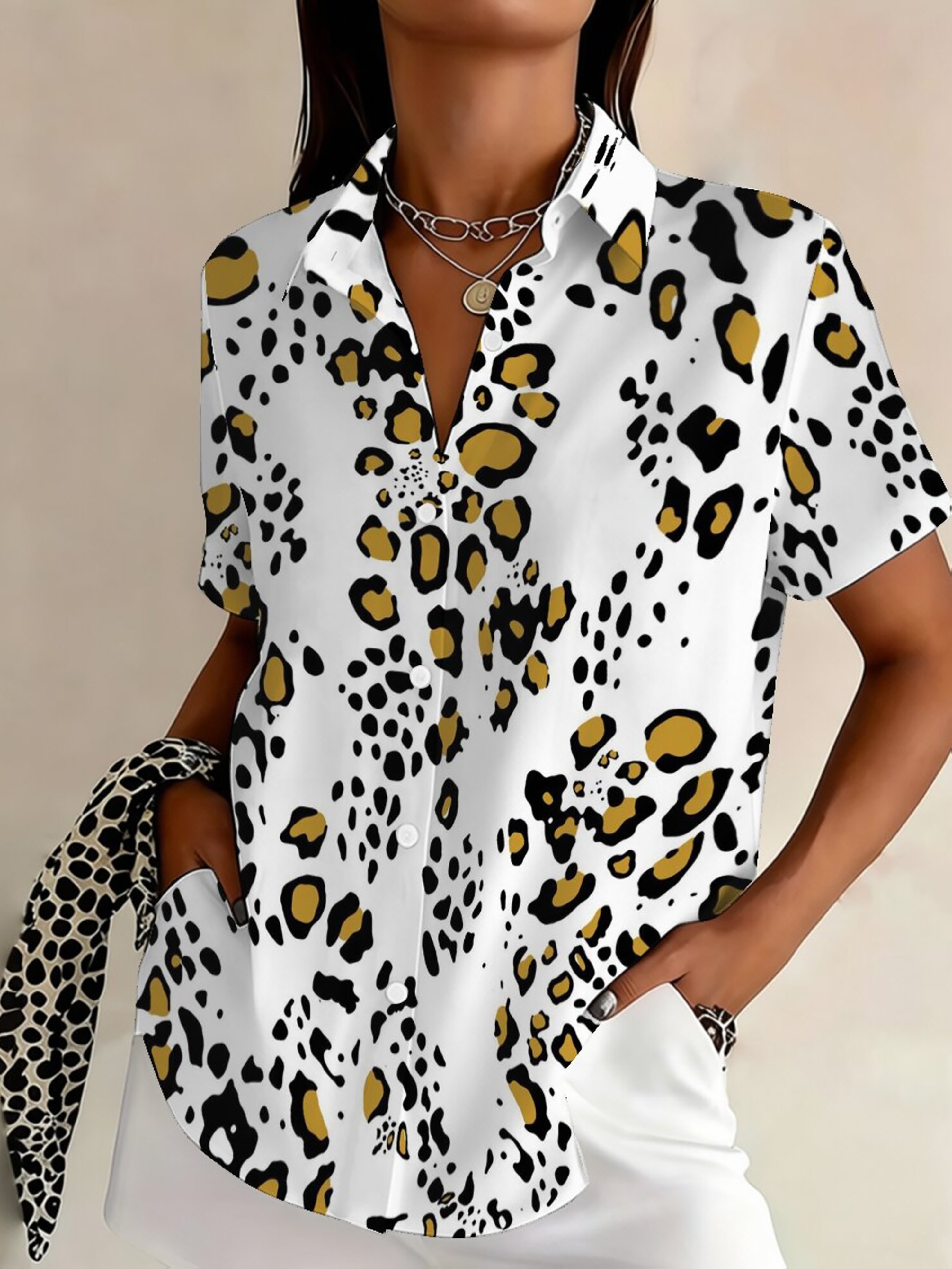 Women’s Leopard Print Button-Up Shirt – Short Sleeve Casual Blouse