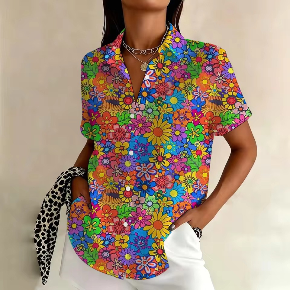 Women’s Colorful Retro Floral Button-Up Shirt – Short Sleeve Casual Blouse