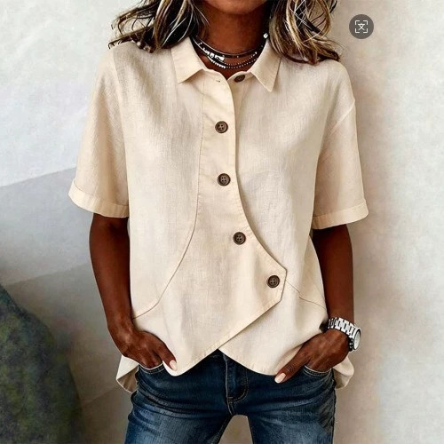 Women’s Solid Color Short Sleeve Button Blouse – Cotton Linen Blend Casual Commuter Shirt