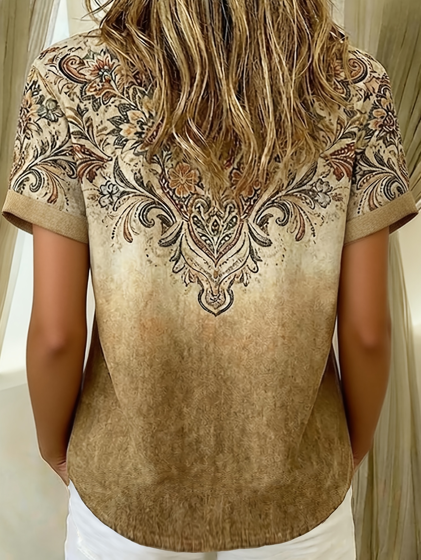 Women Vintage Paisley Floral Gradient Short Sleeve Button Down Shirts, Lightweight Polyester Lapel Collar Pocket Blouses, Casual Loose Fit Summer Tops-gemscharms
