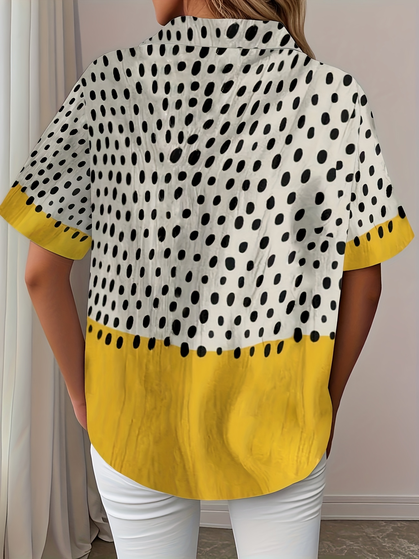 Plus Size Women Two-Tone Polka Dot Short Sleeve Button Down Shirts, Lightweight Polyester Lapel Collar Pocket Blouses, Casual Loose Fit Summer Color Block Tops