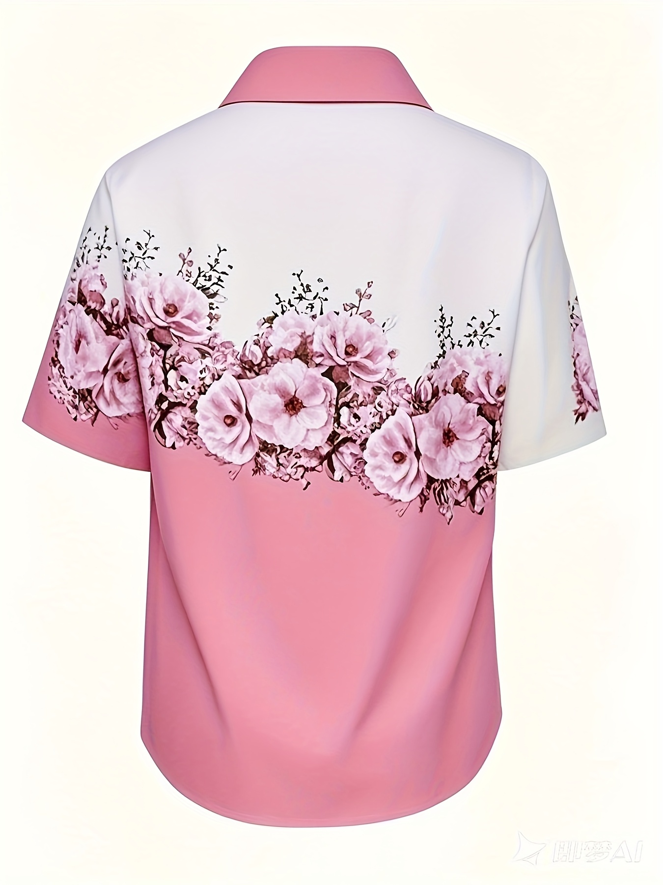 Women Pink Rose Floral Color Block Short Sleeve Button Down Shirts, Lightweight Polyester Lapel Collar Pocket Blouses, Casual Loose Fit Summer Printed Tops