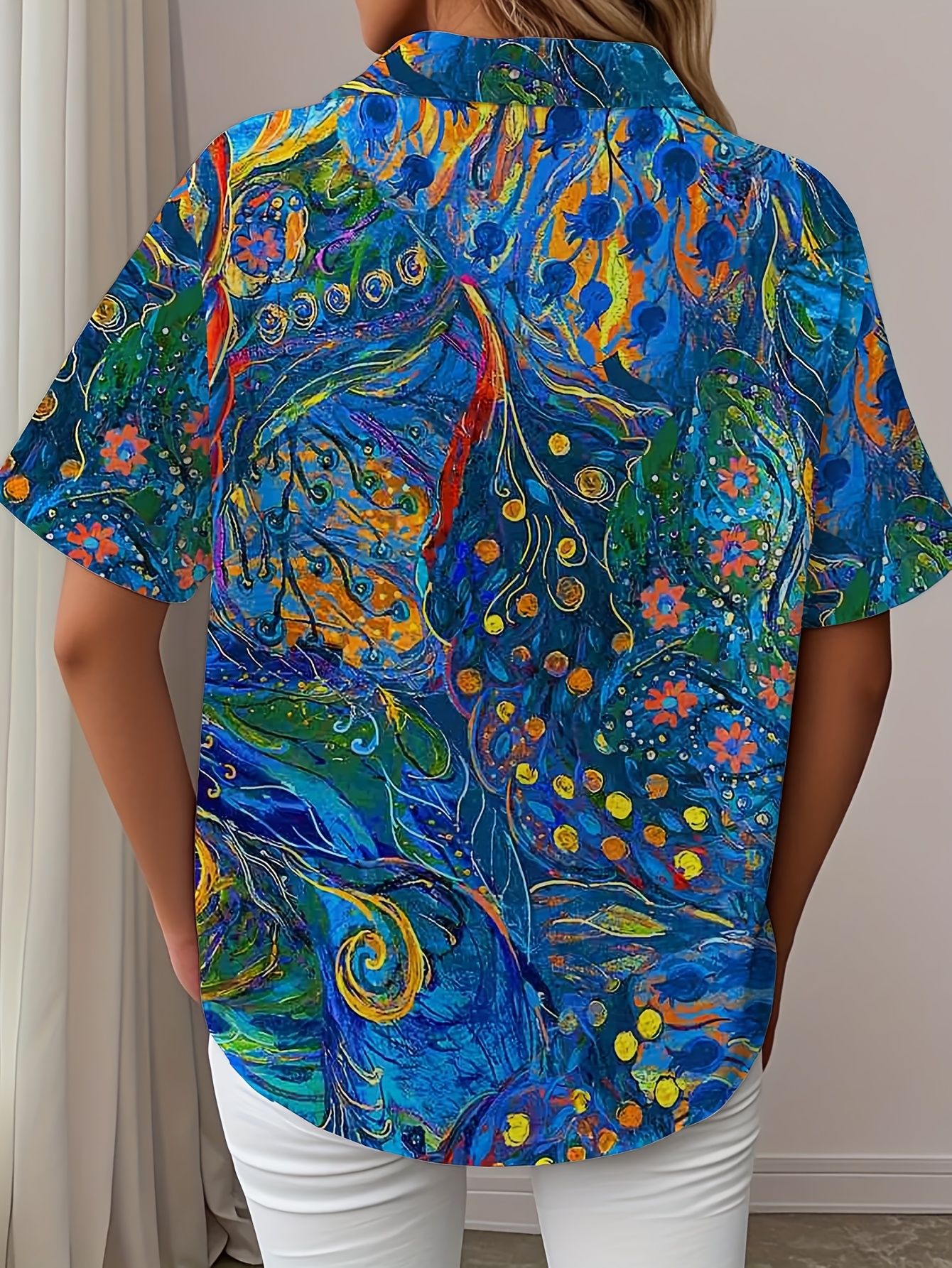Women’s Bohemian Floral Print Short Sleeve Shirt – Polyester Casual Button-Up Blouse