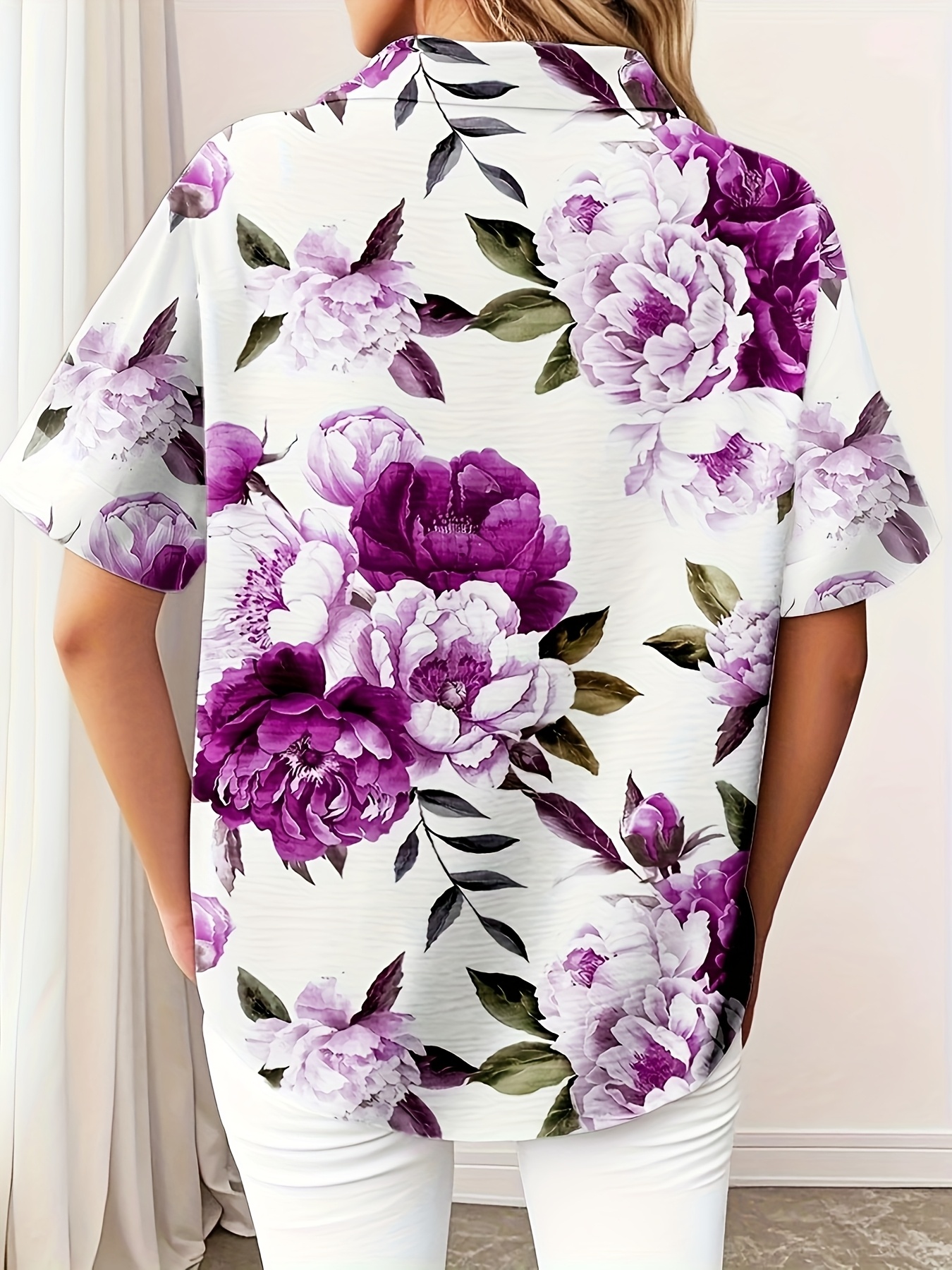 Women’s Short Sleeve Collared Button Down Shirt, Lightweight Polyester Watercolor Purple Peony Floral Print Casual Blouse with Side Pockets for Summer Vacation