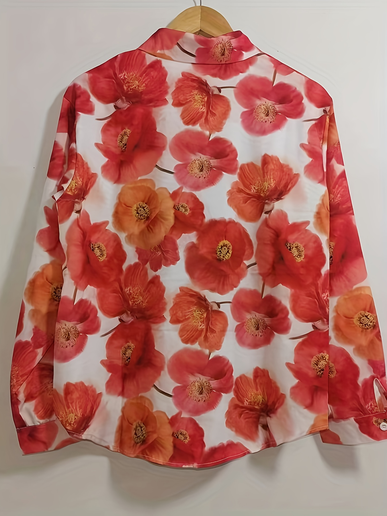 Women’s Floral Print Button Down Shirt Red Flower Blouse Long Sleeve Casual Loose Fit Top Lightweight Vacation Shirt for Women