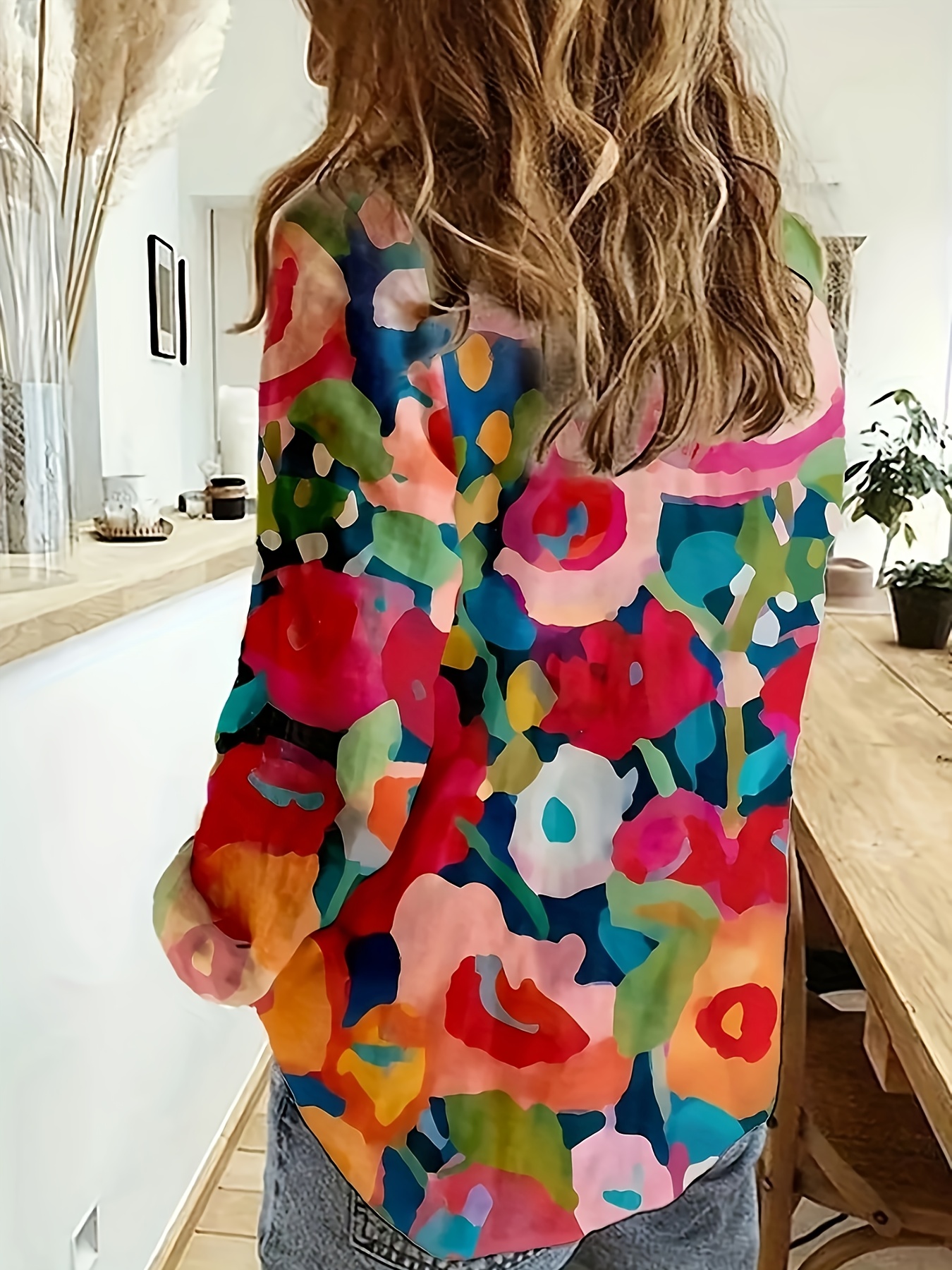 Women’s Watercolor Floral Print Button Down Shirt Colorful Botanical Blouse Long Sleeve Casual Loose Fit Top Artistic Vacation Shirt