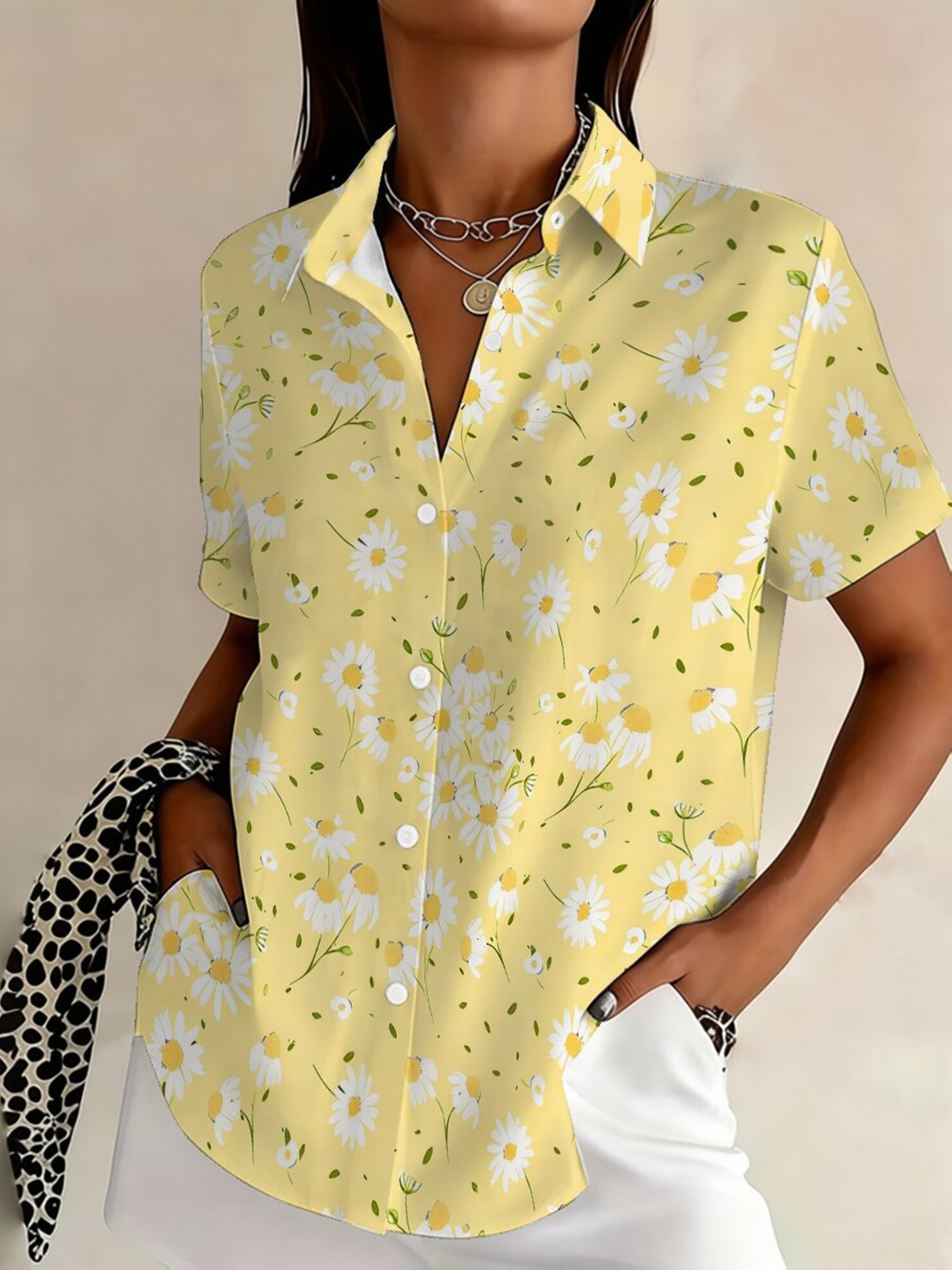 Women's Floral Print Button Down Shirt Short Sleeve Casual Blouse Lightweight Polyester Collared V Neck Summer Tops Loose Fit Shirts for Women