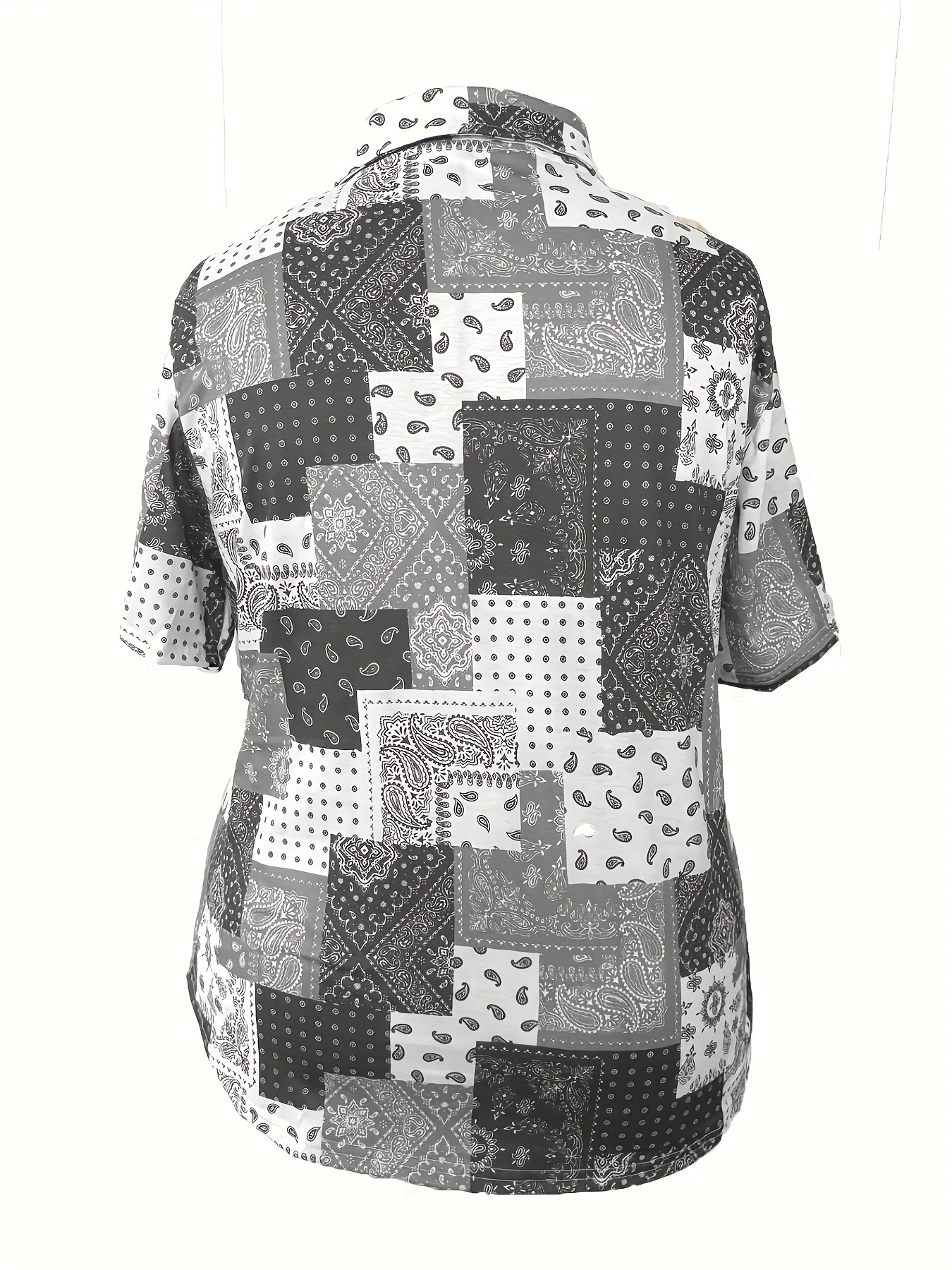 Women's Plus Size Light Gray Patchwork Print Button Down Shirt – Short Sleeve Casual Blouse, Lightweight Loose Fit Summer Top