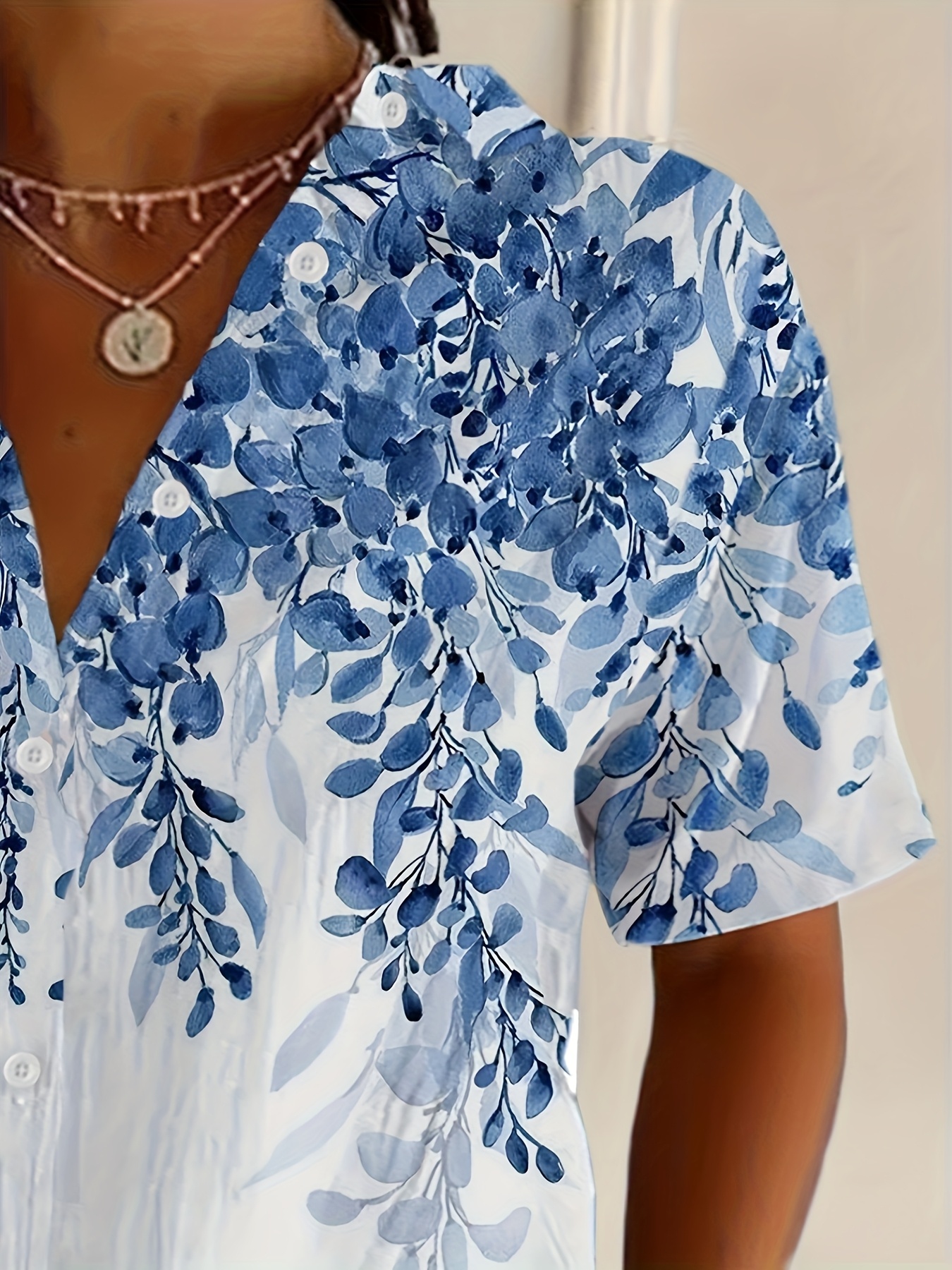 Women's Blue Leaf Print Button Down Shirt – Short Sleeve Casual Blouse, Lightweight Polyester Summer Top