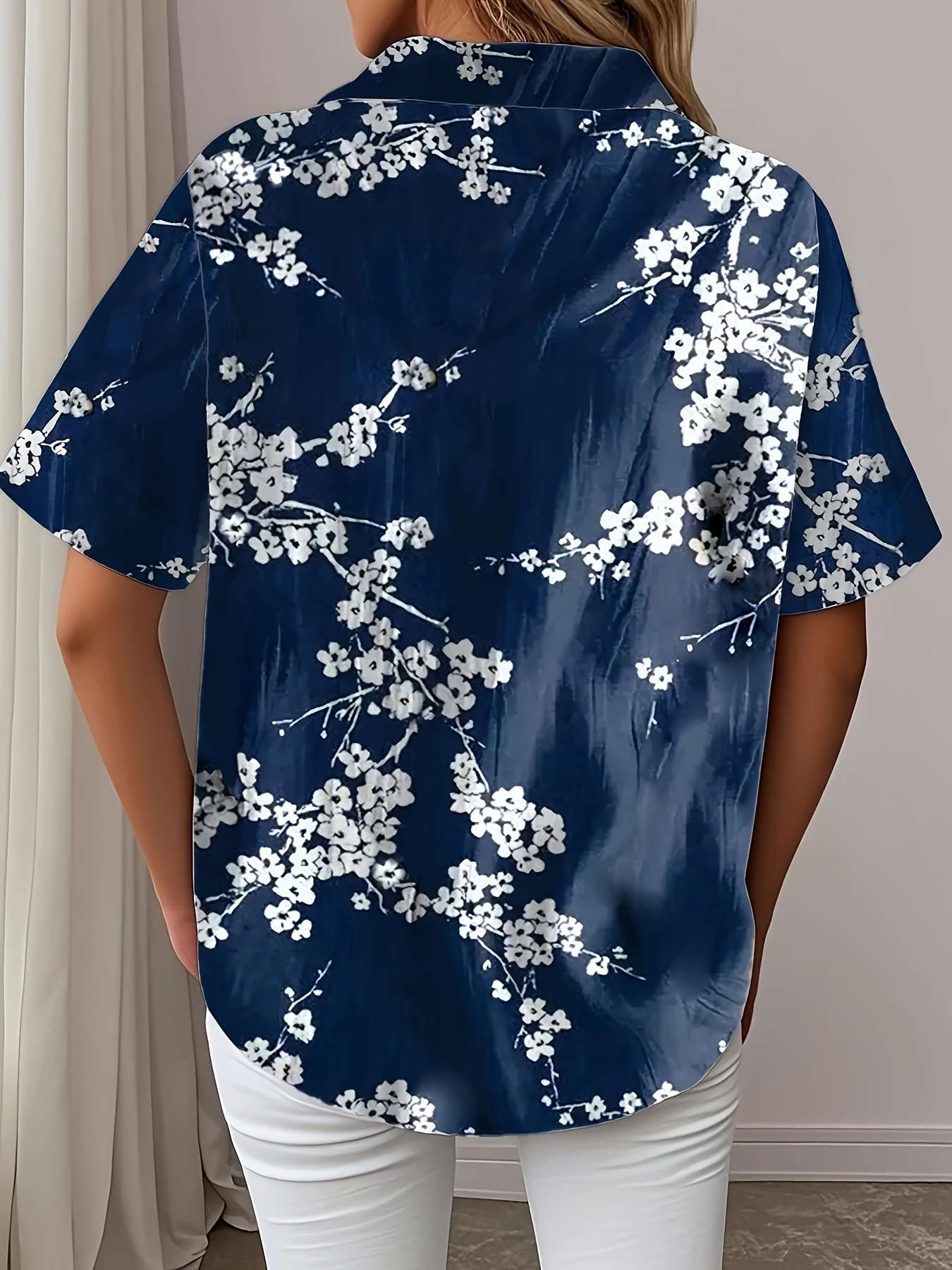 Women's Blue Floral Print Button Down Shirt – Elegant Botanical Short Sleeve Blouse with Lightweight Polyester Fabric