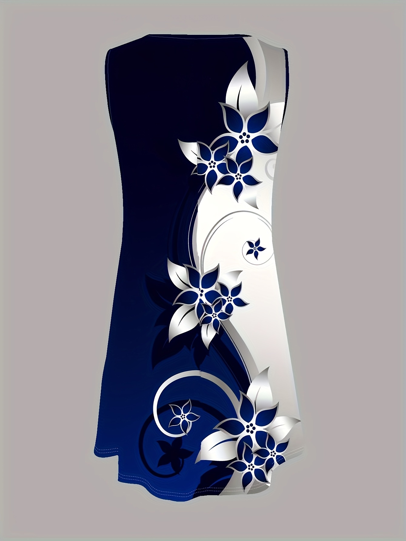Women's Sleeveless Summer Dress – Navy Blue Floral Print A-Line Dress, Elegant Casual Loose Fit Dress with Lightweight Polyester Fabric