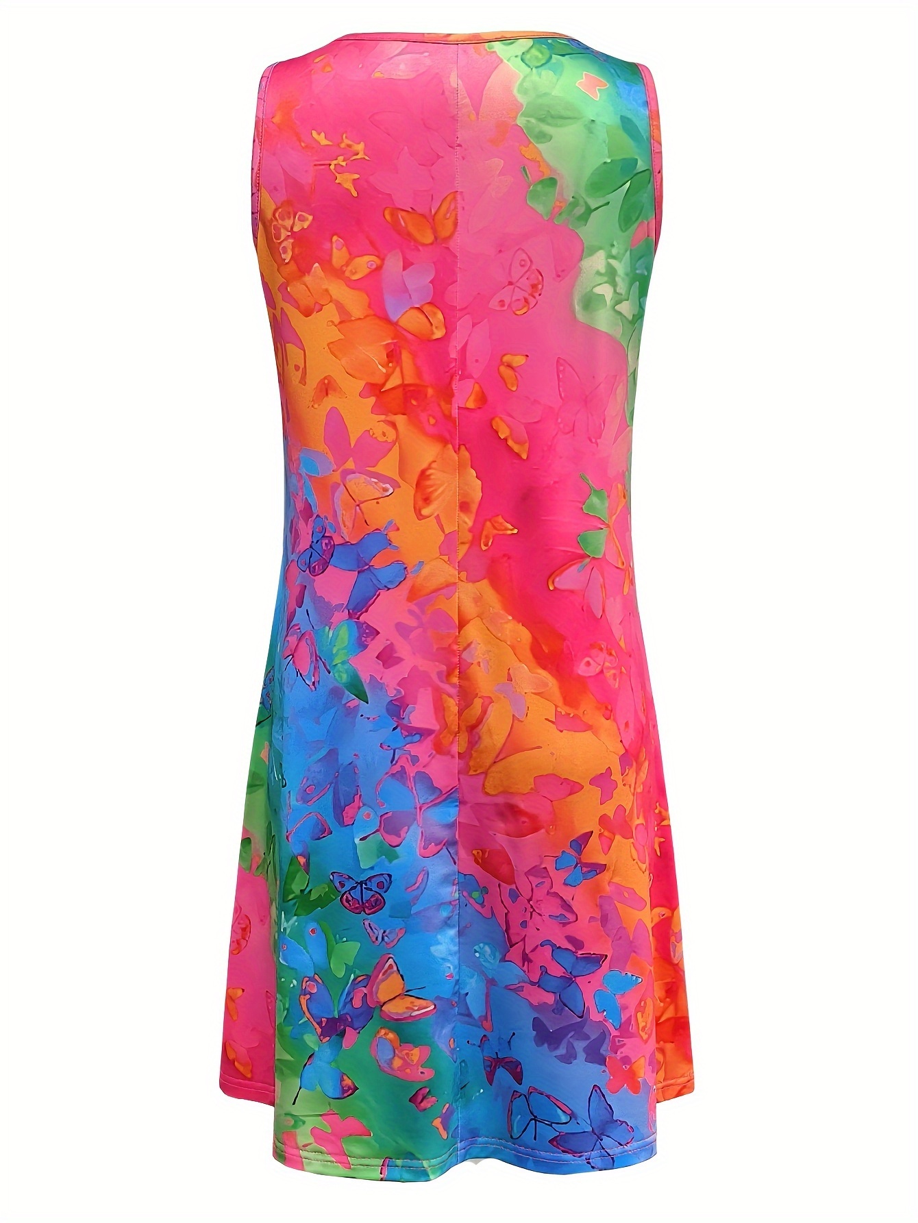 Women’s Colorful Printed Summer Dress – Sleeveless V-Neck A-Line Casual Dress with Vibrant Floral Butterfly Pattern for Beach Vacation & Daily Wear