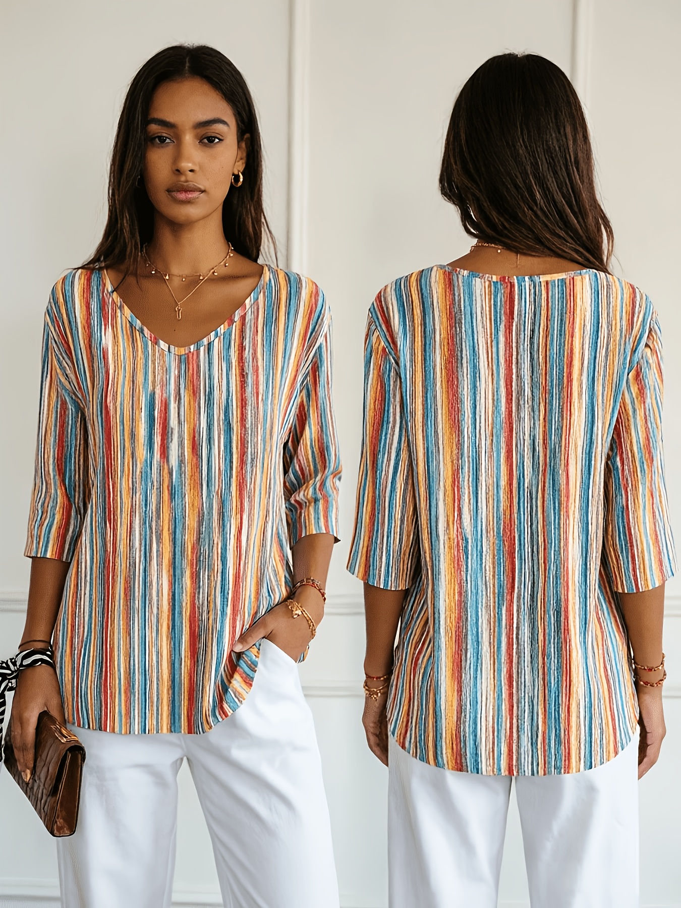 Women’s Colorful Striped V Neck Blouse – Casual 3/4 Sleeve Loose Fit Tunic Top for Everyday Wear