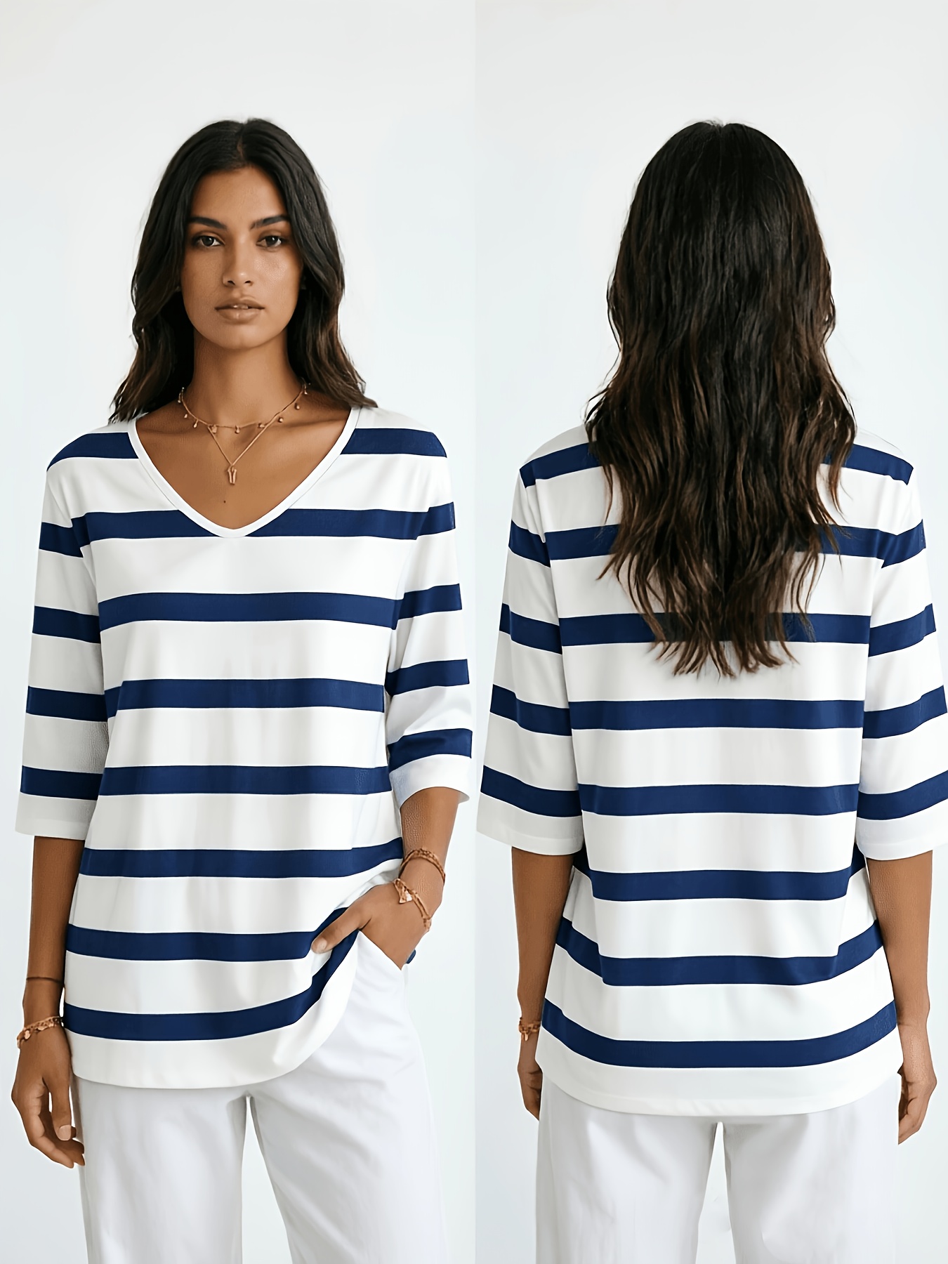 Women’s Blue Striped V Neck 3/4 Sleeve Tops – Casual Loose Fit Tunic Blouse for Everyday Wear