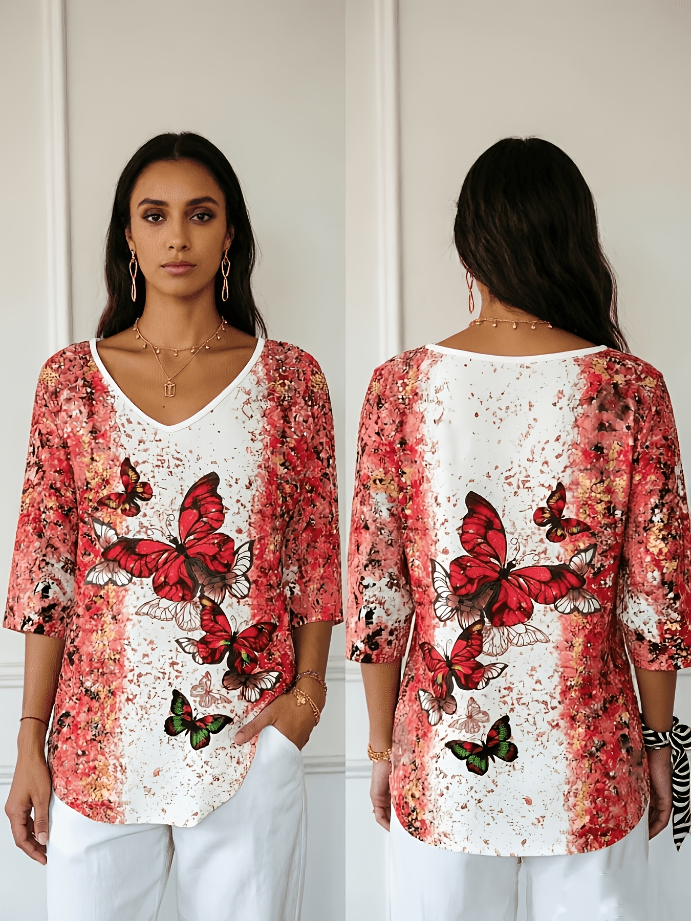 Women’s Butterfly Print V Neck 3/4 Sleeve Tunic Tops – Casual Loose Fit Blouse Shirts for Women
