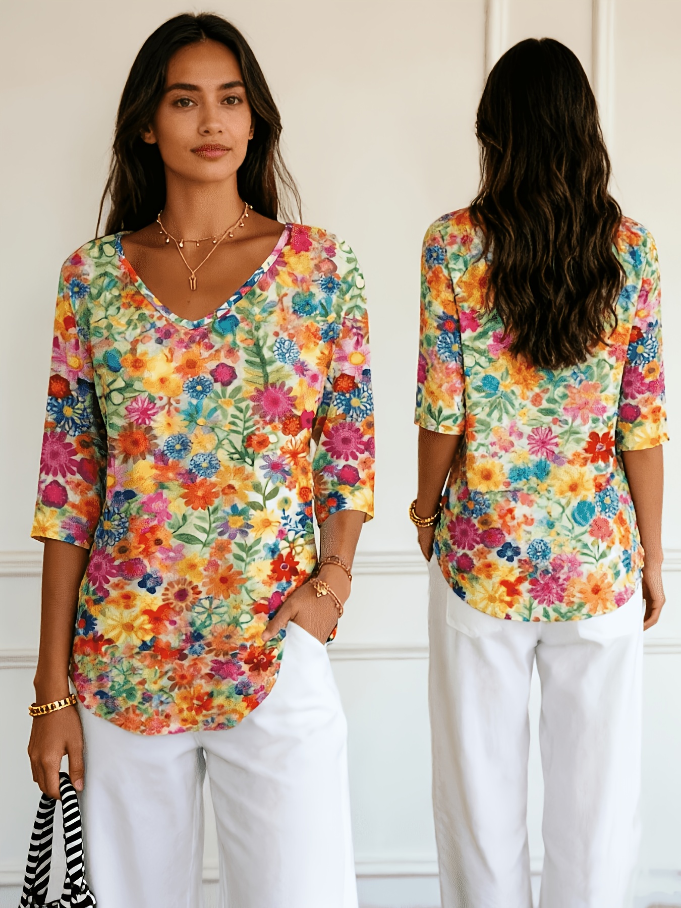 Women’s 3/4 Sleeve Floral Print Tunic Tops V Neck Loose Fit Blouse Colorful Casual Shirts for Women Lightweight Summer Fall Fashion Top