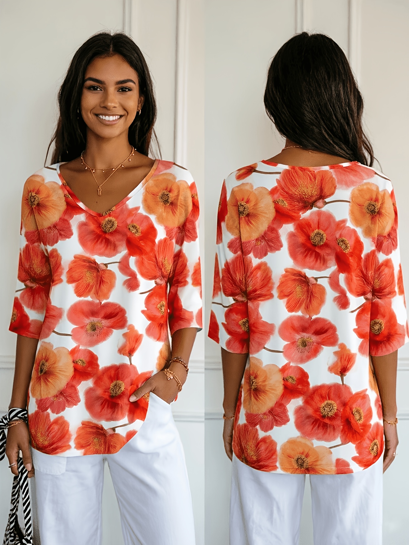 Women’s 3/4 Sleeve Floral Tunic Tops V Neck Loose Fit Blouse Red Poppy Flower Print Casual Shirts Lightweight Summer Fall Fashion Top