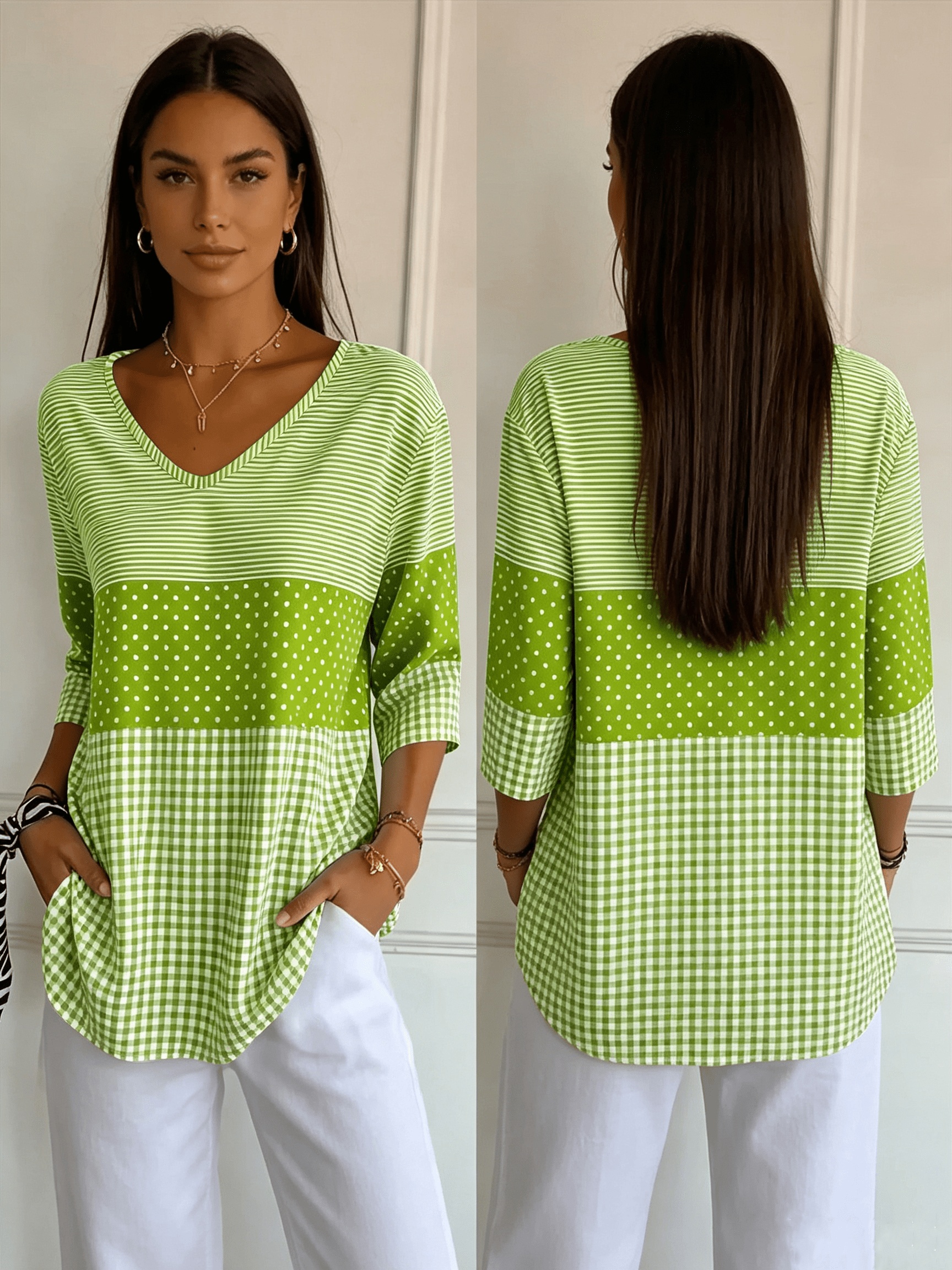 Women's 3/4 Sleeve V Neck Tops Casual Color Block Printed Shirts Loose Fit Tunic Blouse Green Striped Polka Dot Plaid Shirts for Women