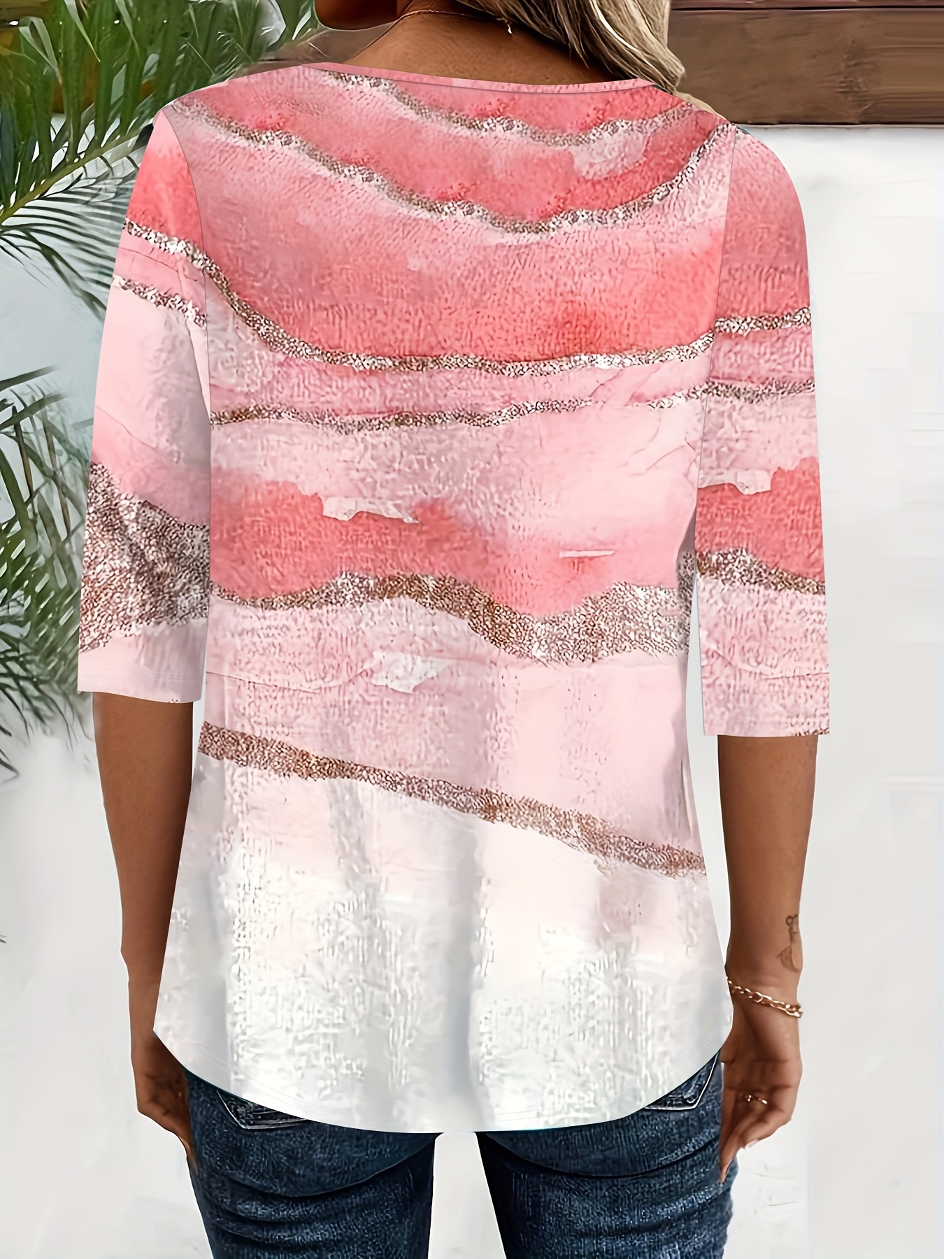 Women's 3/4 Sleeve V Neck Tops Casual Pink Gradient Printed Shirts Loose Fit Tunic Blouse Lightweight Soft Fashion Top for Women Spring Summer