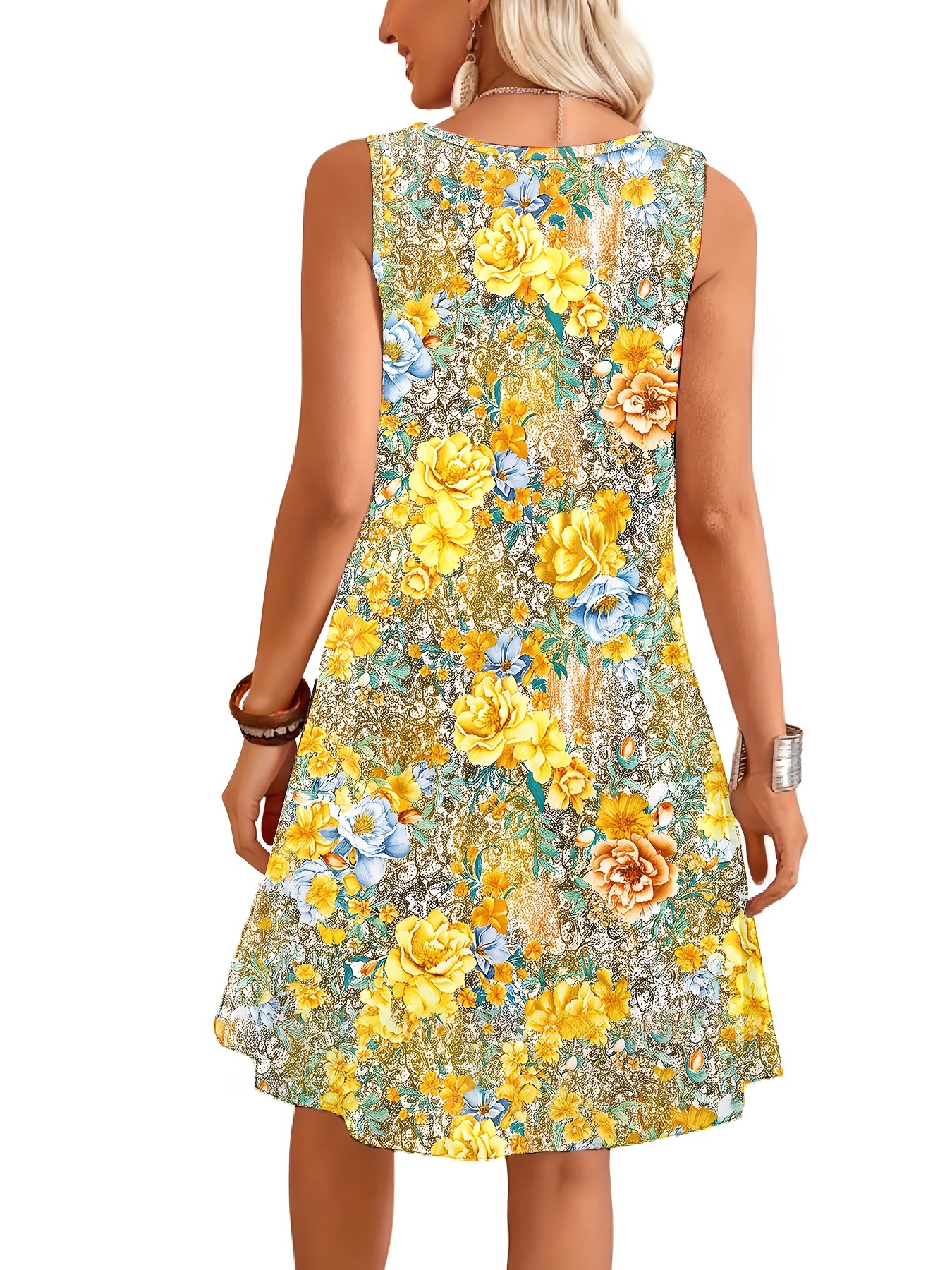 Women's Floral Print Sleeveless Swing Dress Casual Loose Fit A Line Summer Dress Round Neck Beach Vacation Dress for Women