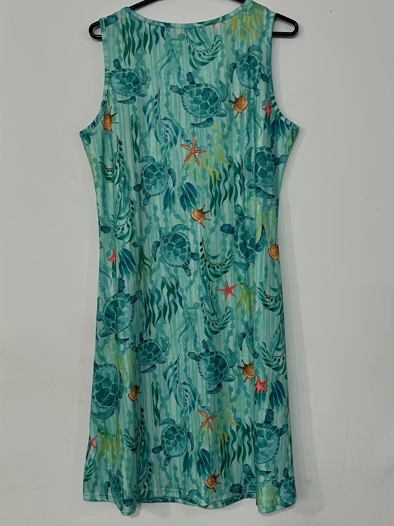 Women's Sleeveless V Neck Ocean Print Swing Dress Casual Loose Fit Beach Vacation Dress Sea Turtle Printed Summer Dress for Women