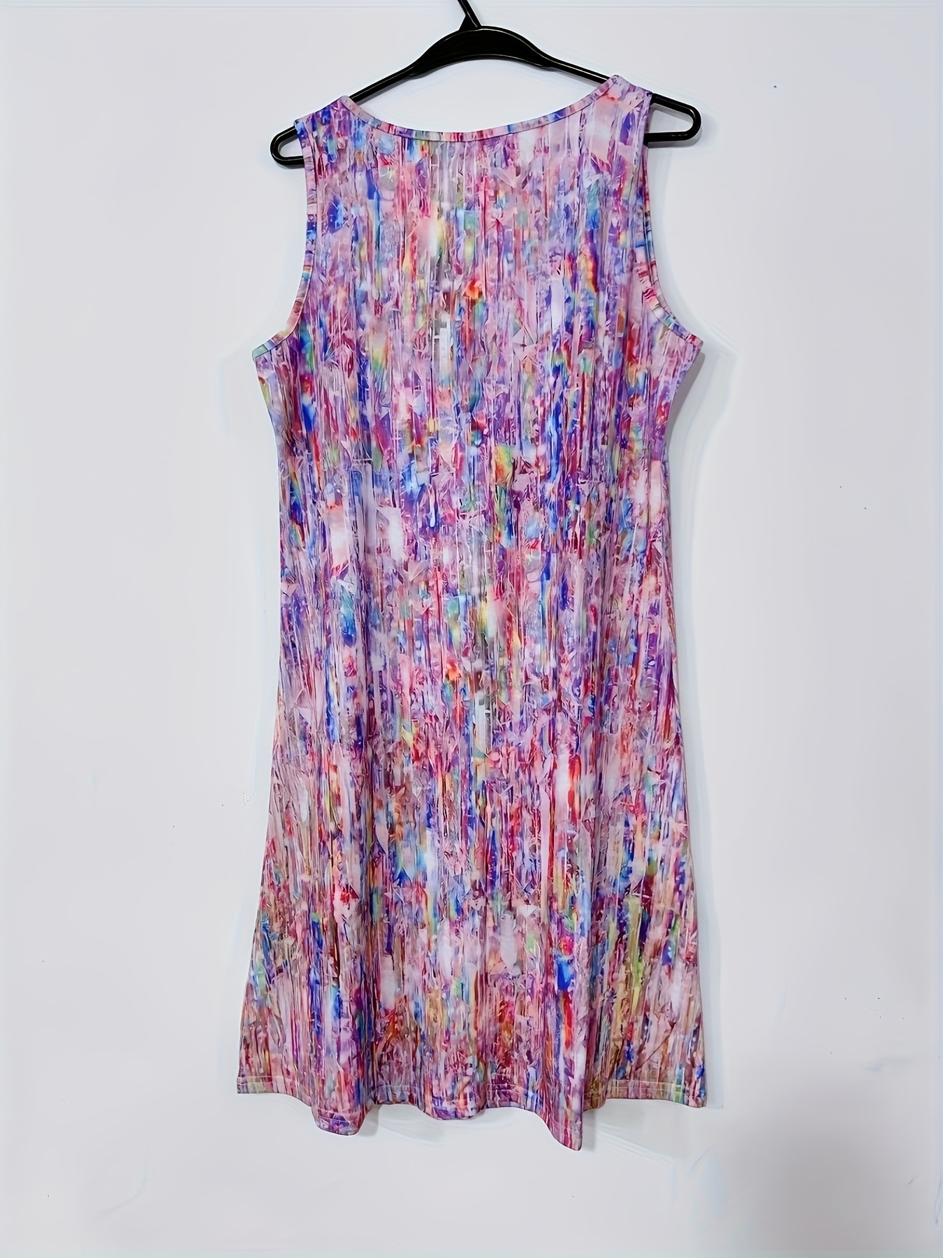 Women's Sleeveless V Neck Abstract Print Swing Dress Casual Loose Fit Summer Dress Artistic Pattern Beach Vacation Dress for Women