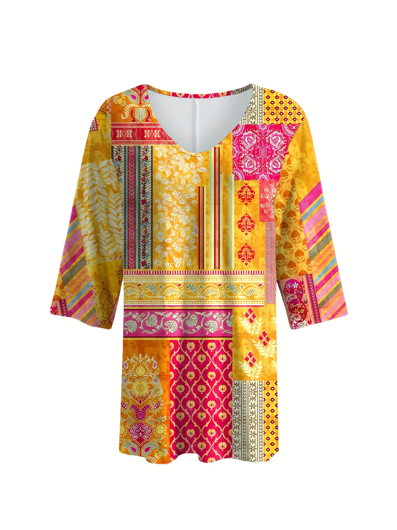 Women's 3/4 Sleeve Printed Blouse – Colorful Bohemian Patchwork Top, Casual Loose Fit Tunic Shirt with Lightweight Polyester Fabric