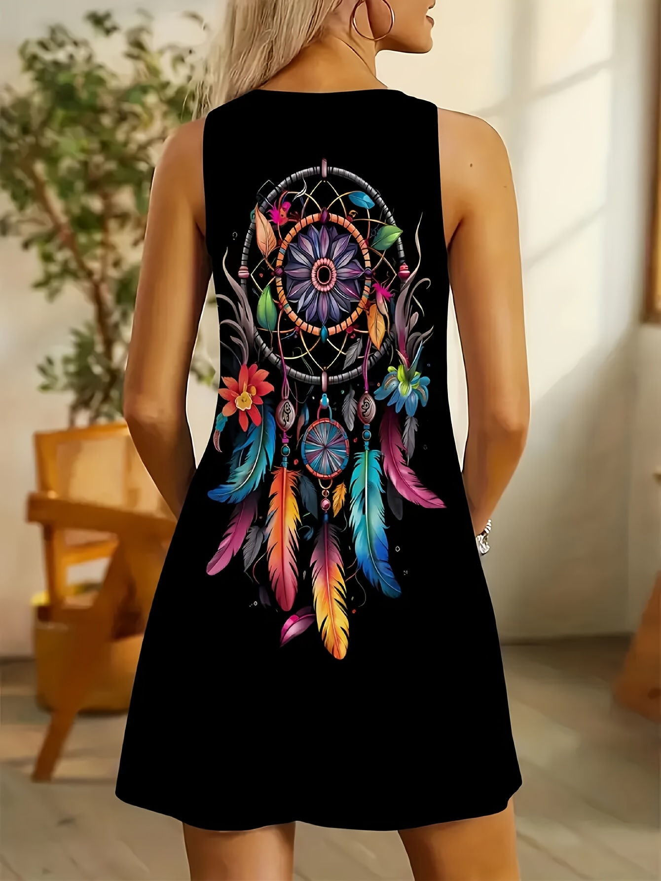 Women's Dream Catcher Mini Dress Sleeveless V Neck Casual A Line Swing Dress, Boho Hippie Summer Dress for Beach Vacation and Daily Wear