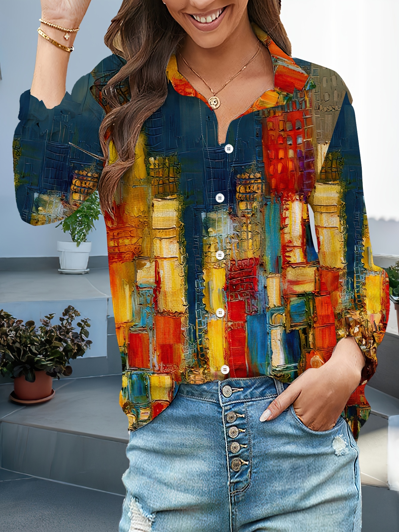 Spring And Autumn Women'S Printed New Style Individual Trendy Multi-Color Irregular Patchwork Pattern Women'S Fashion Long Sleeve Shirt