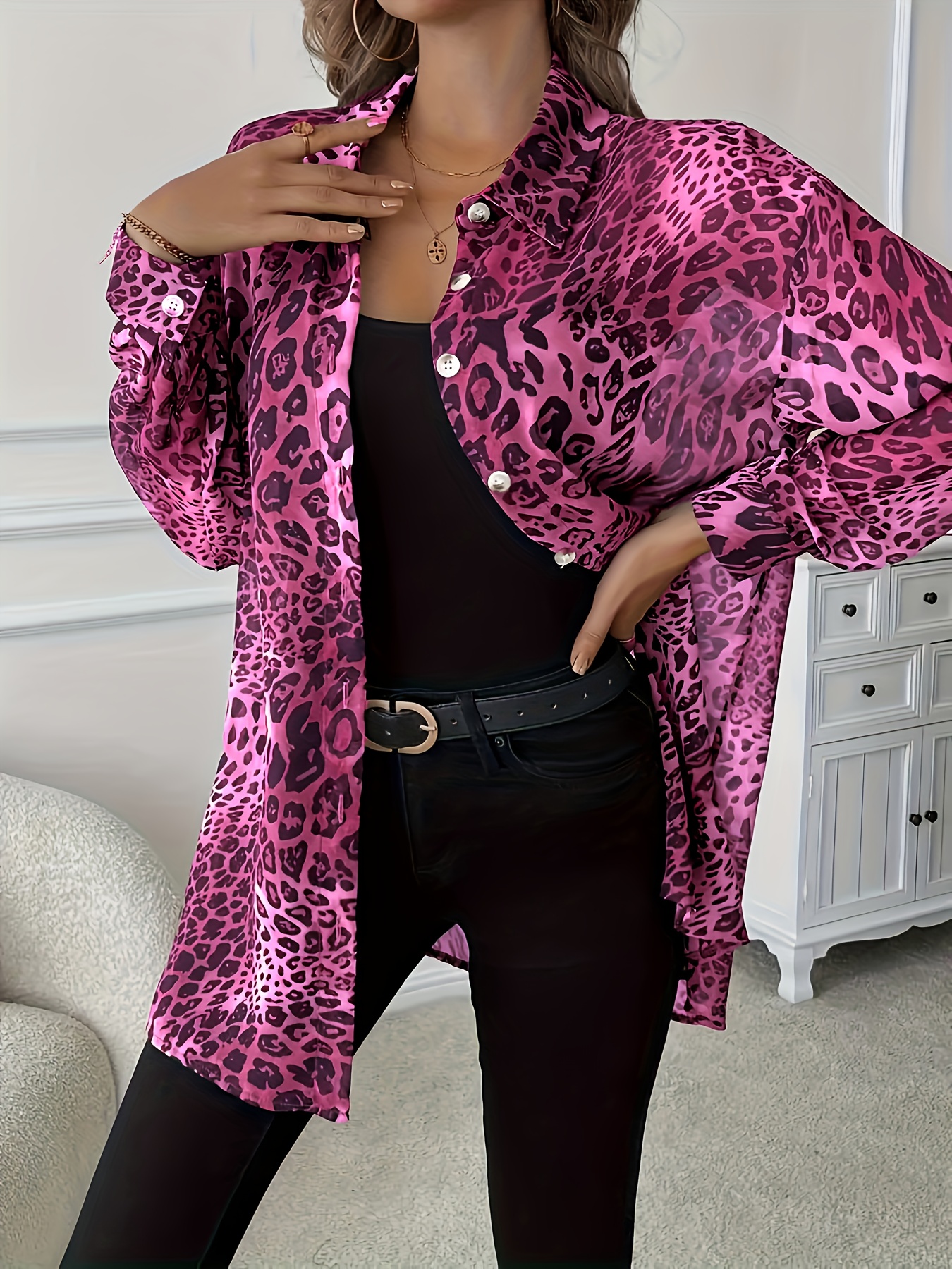 Women's Elegant Purple Leopard Print Blouse - Button-Front Blouse Shirt with Classic Collar, Non-Sticky Button Closure Long Sleeve Top for Office, Party, Everyday - Machine Washable Women's Clothing-gemscharms